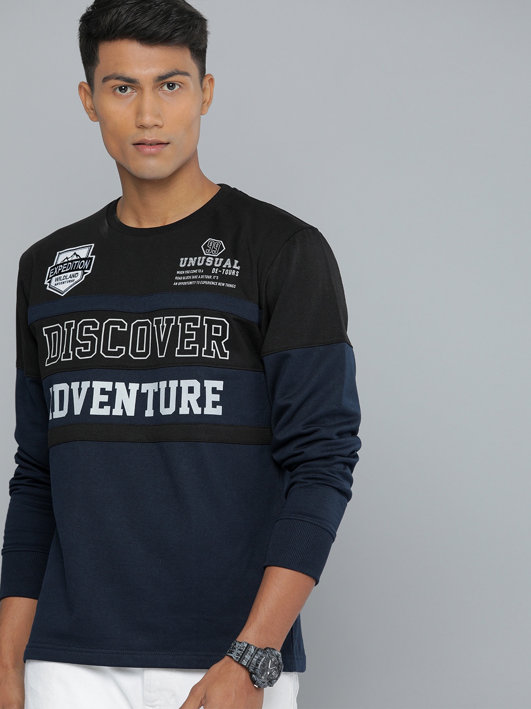 

HERE&NOW Men Navy Blue & Black Colourblocked Sweatshirt