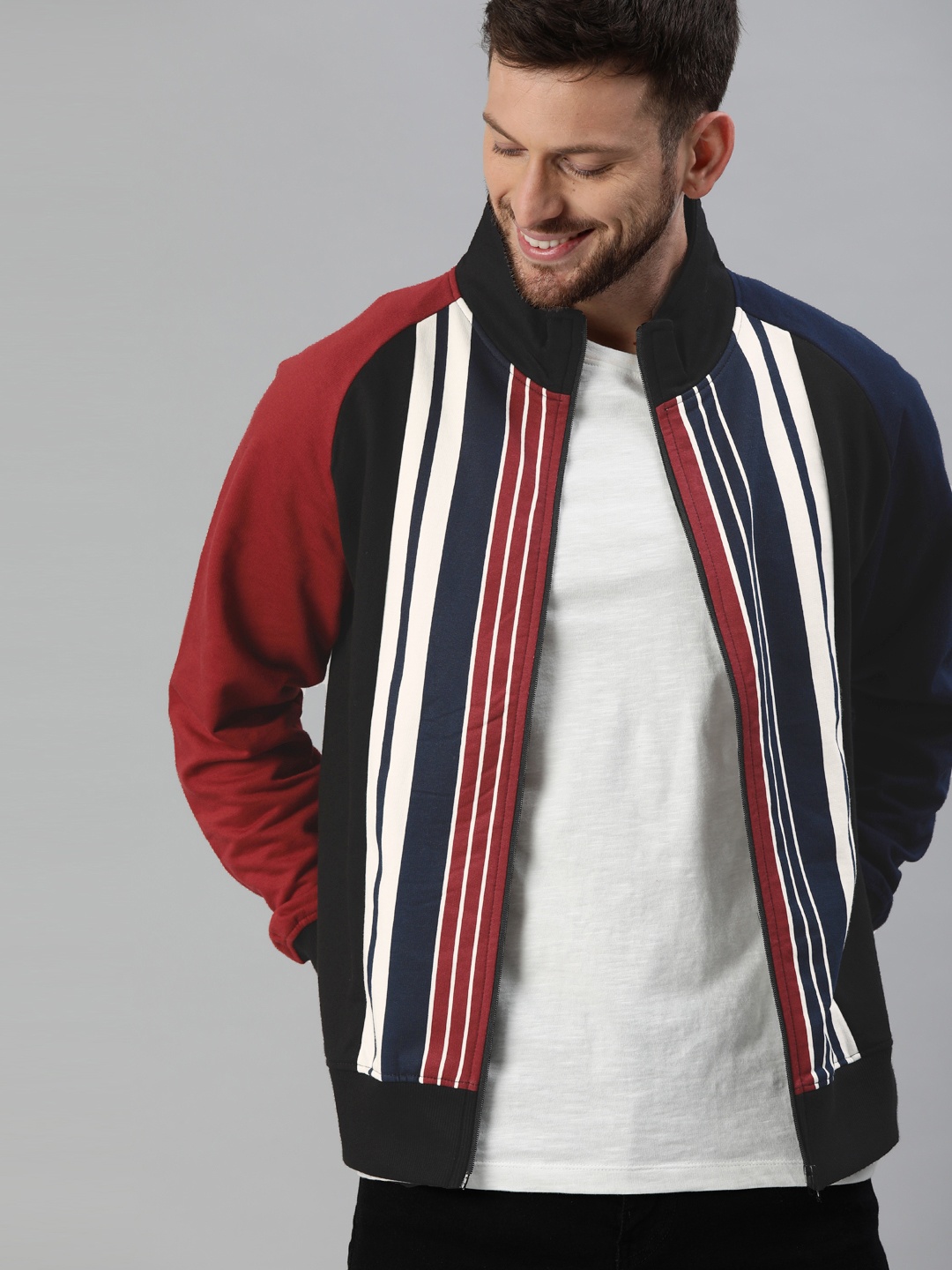 

HERE&NOW Men Maroon & Navy Blue Striped Sweatshirt