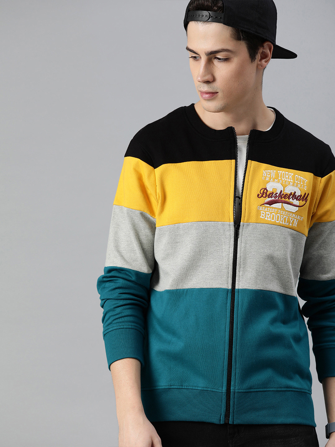 

HERE&NOW Men Teal Blue & Black Colourblocked Front-Open Sweatshirt
