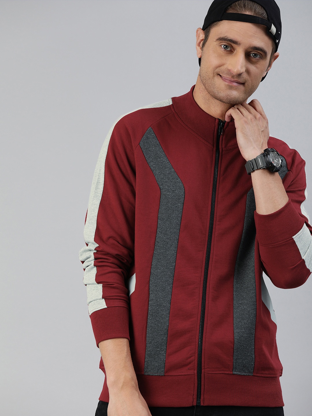 

HERE&NOW Men Maroon & Grey Striped Sweatshirt