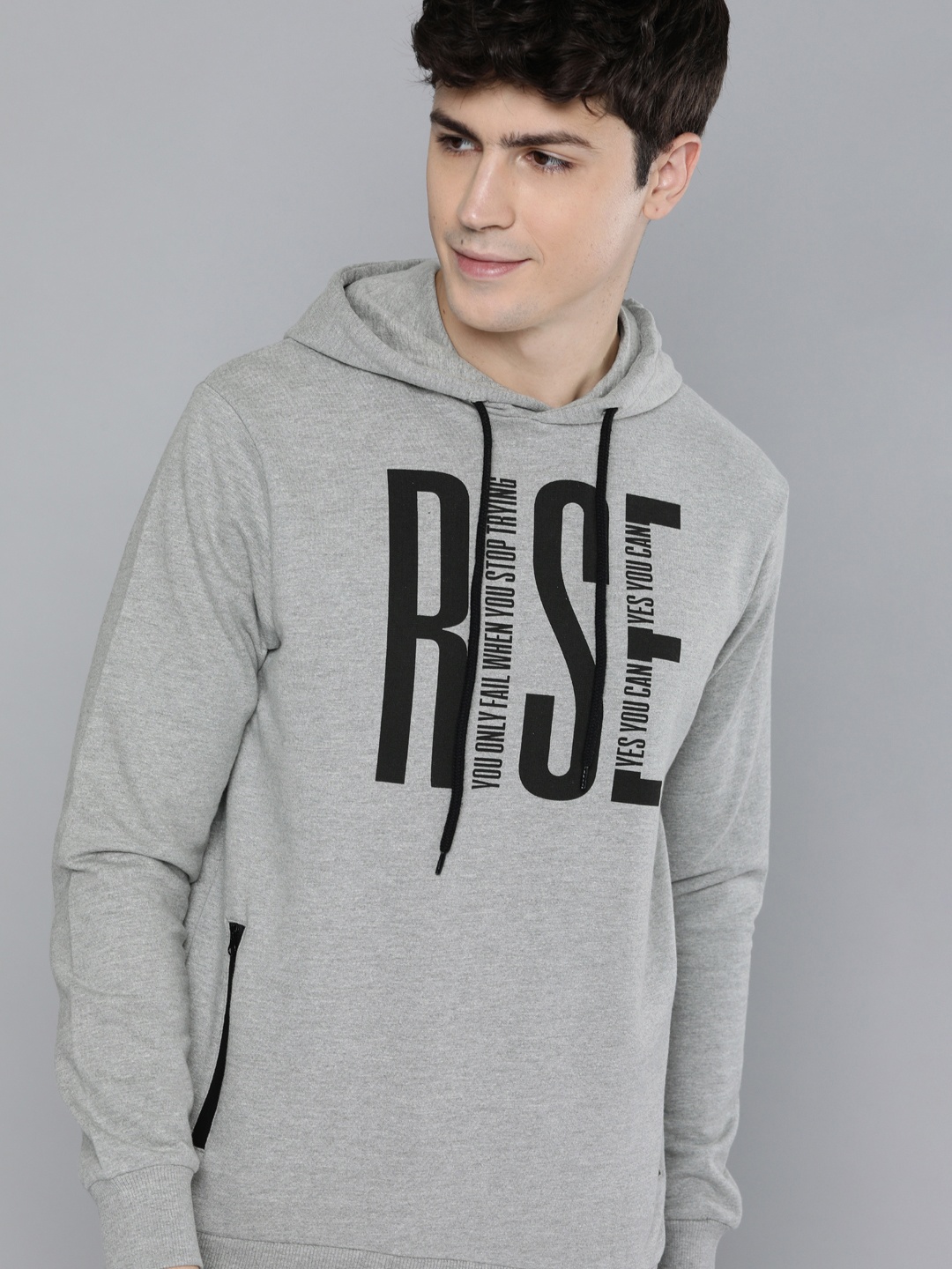 

HERE&NOW Men Grey Melange & Black Printed Hooded Sweatshirt