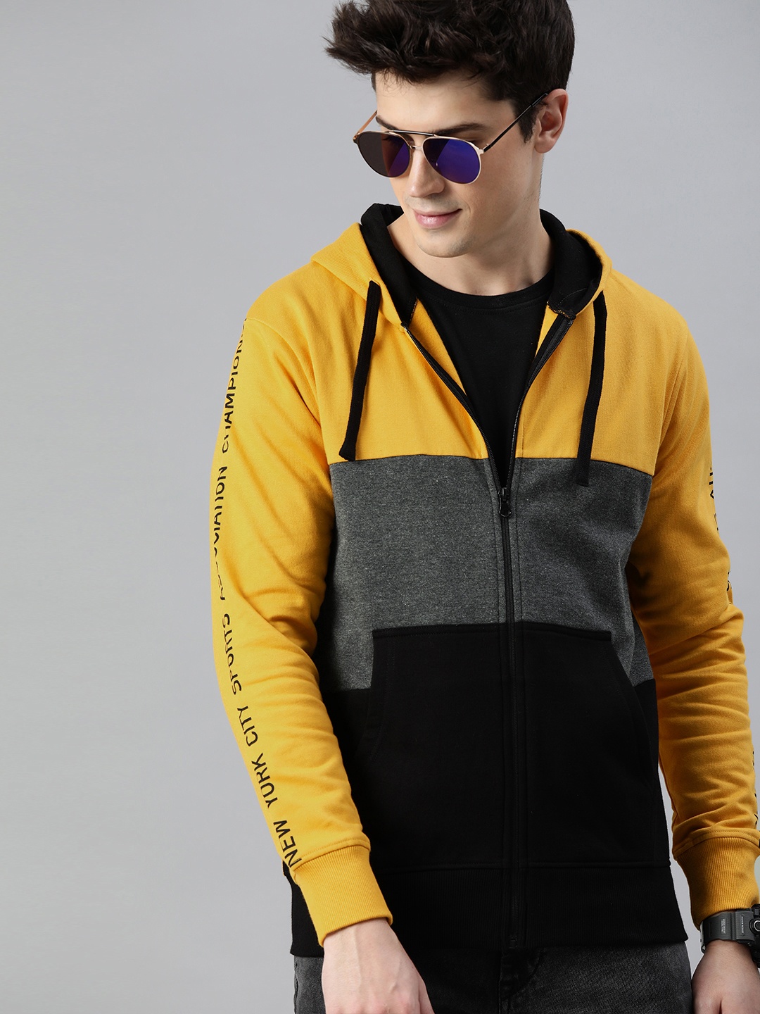 

HERE&NOW Men Mustard Yellow & Black Colourblocked Hooded Front-Open Sweatshirt