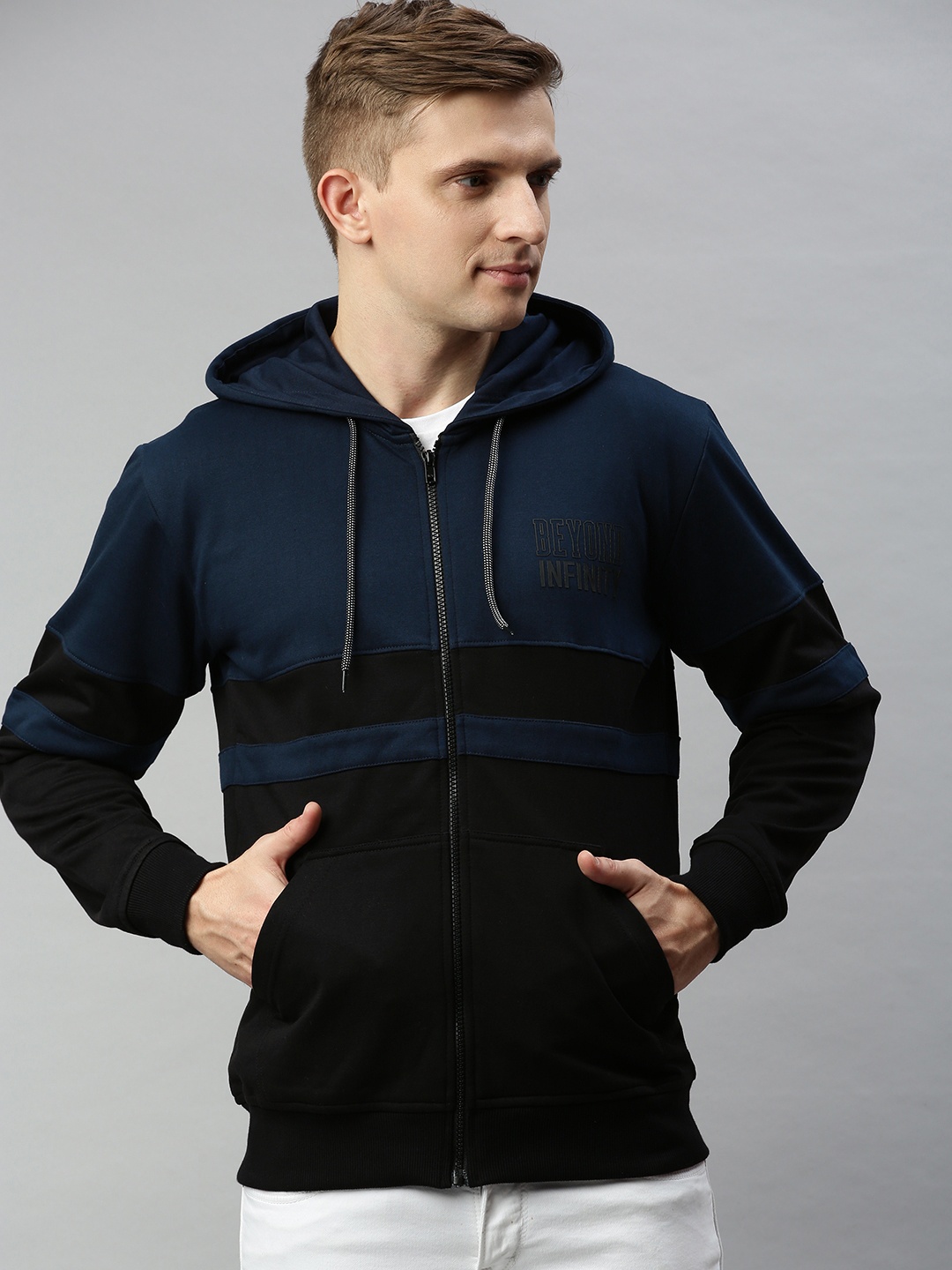 

HERE&NOW Men Navy Blue & Black Colourblocked Hooded Sweatshirt