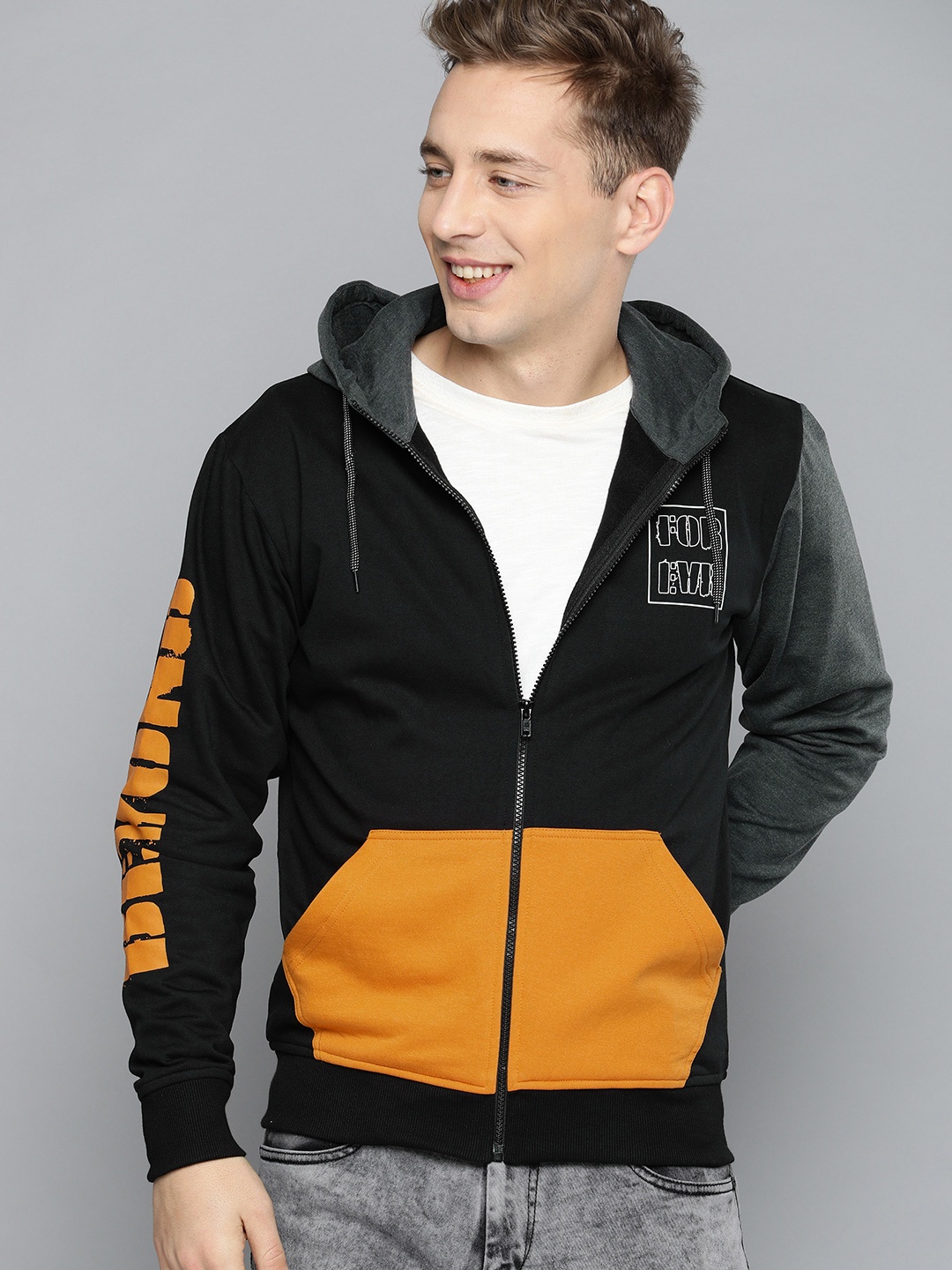 

HERE&NOW Men Black & Mustard Yellow Colourblocked Hooded Sweatshirt