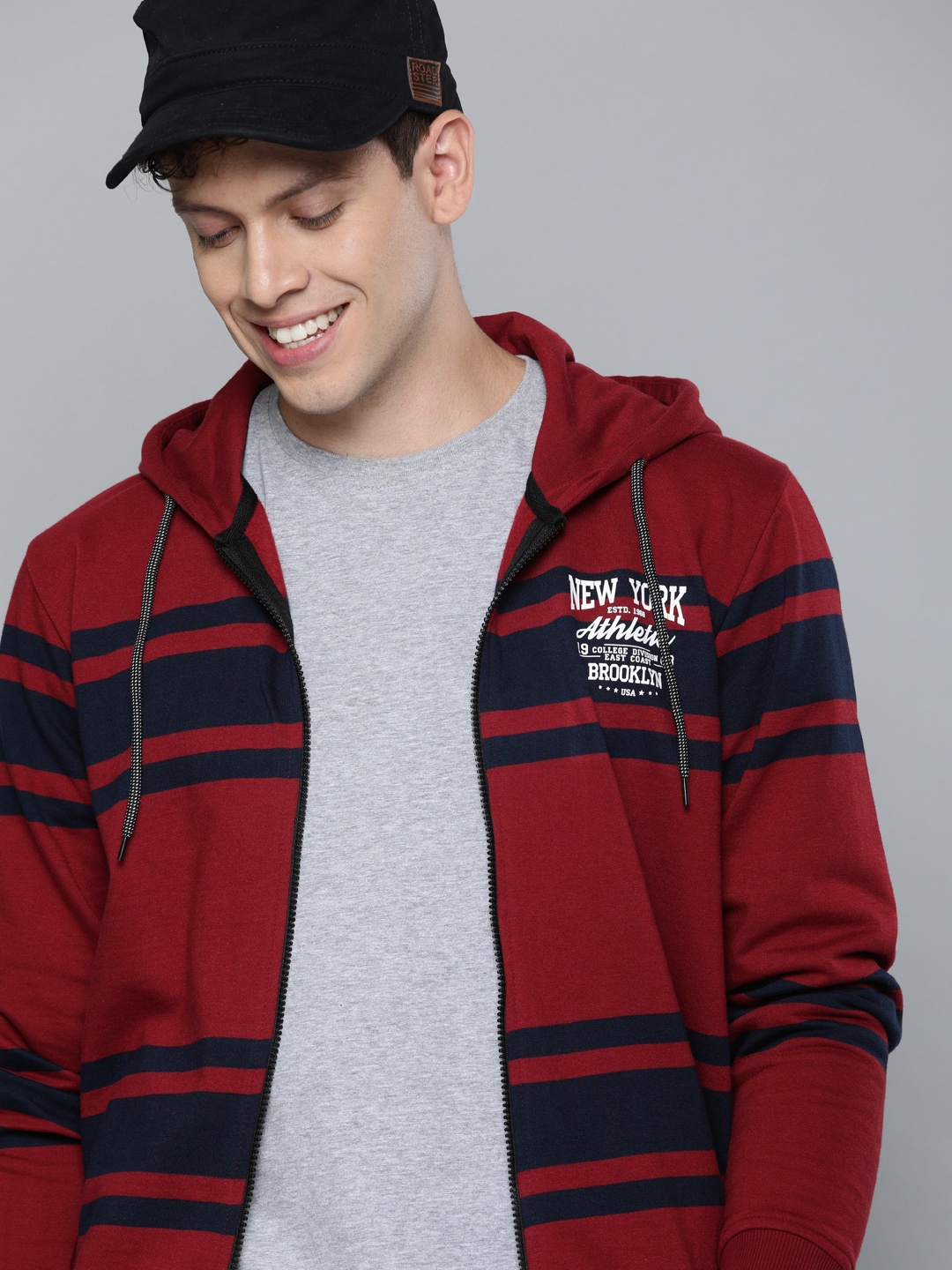 

HERE&NOW Men Red & Navy Blue Striped Hooded Sweatshirt