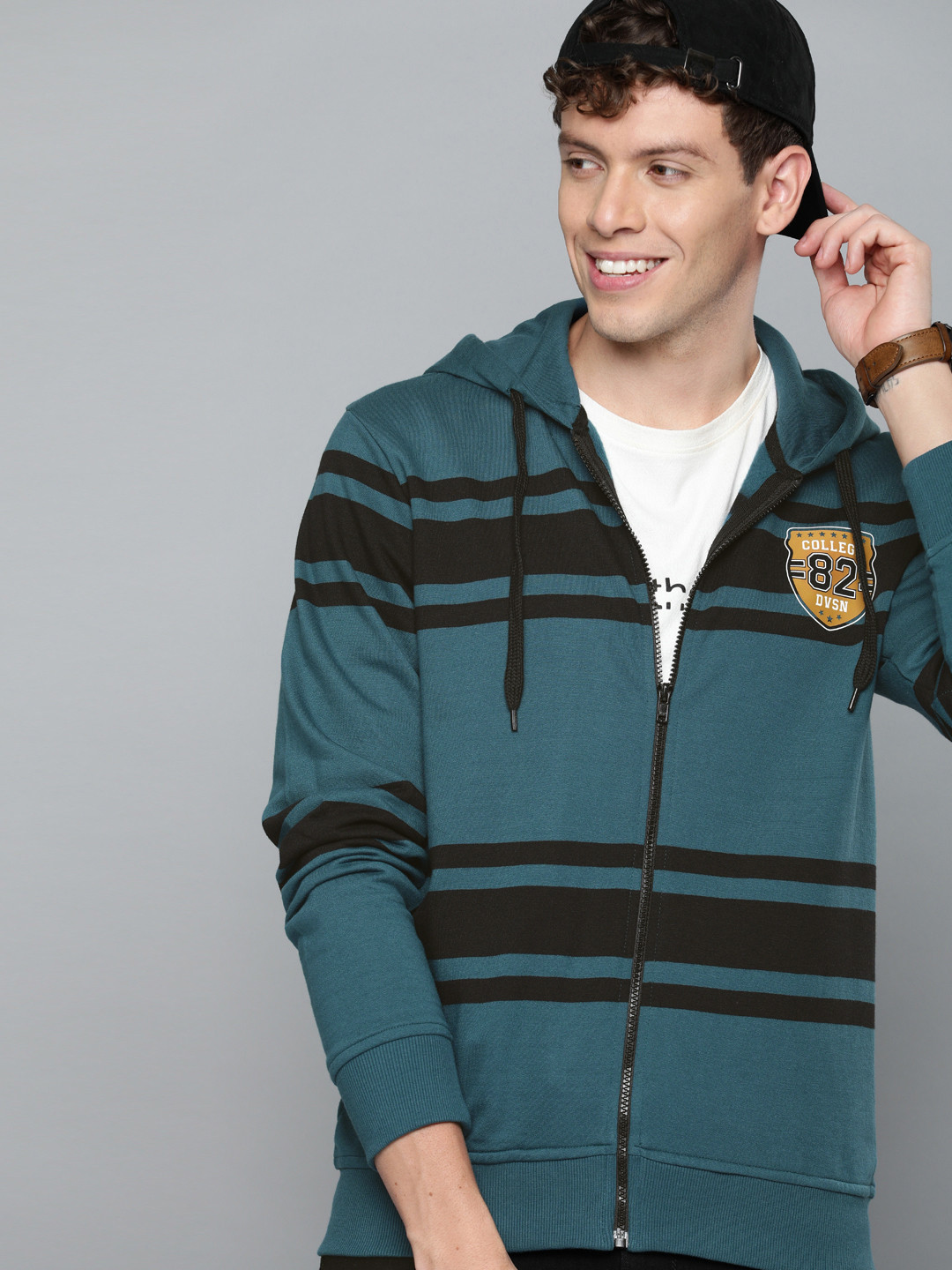

HERE&NOW Men Teal Blue & Black Striped Hooded Sweatshirt