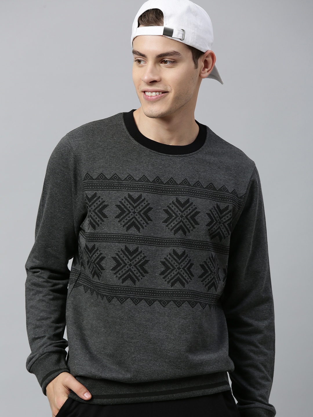 

HERE&NOW Men Charcoal Grey & Black Printed Sweatshirt