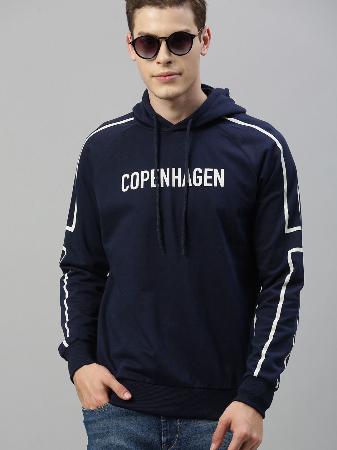 

HERE&NOW Men Navy Blue Printed Hooded Sweatshirt