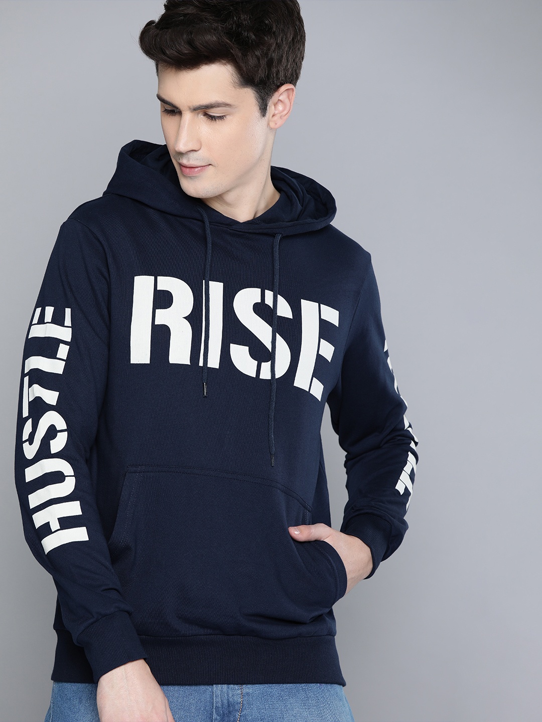 

HERE&NOW Men Navy Blue Printed Hooded Pullover Sweatshirt
