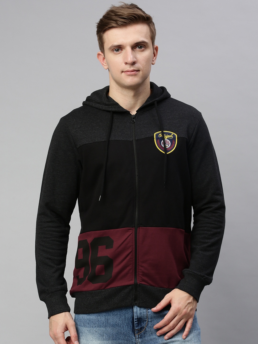 

HERE&NOW Men Black & Maroon Colourblocked Hooded Sweatshirt