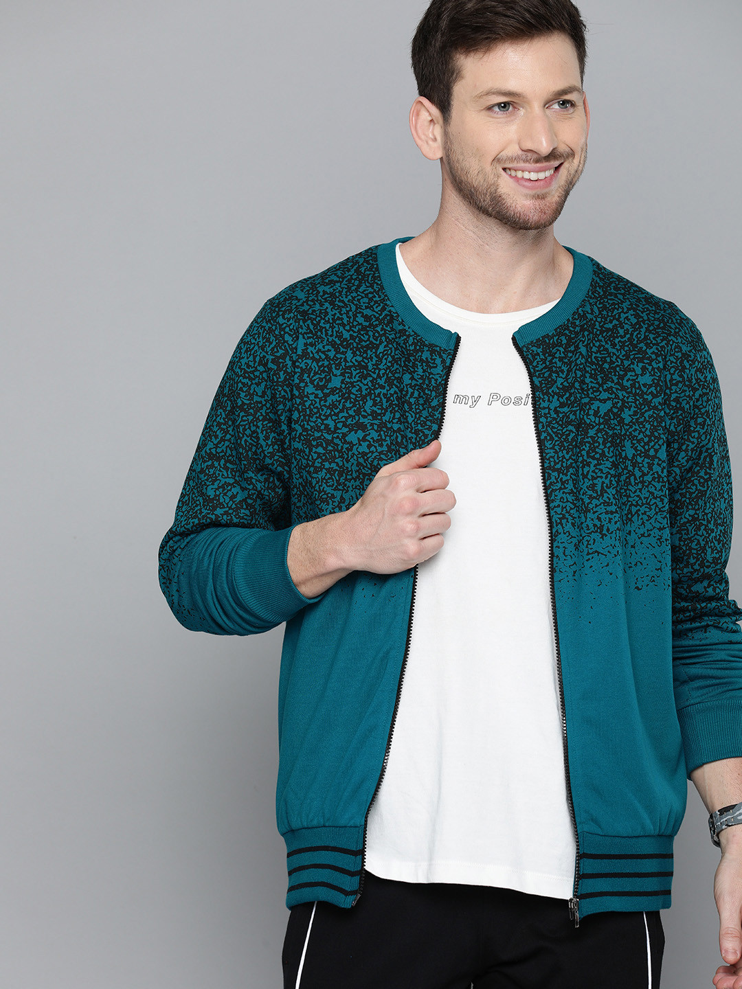 

HERE&NOW Men Teal Blue & Black Printed Sweatshirt