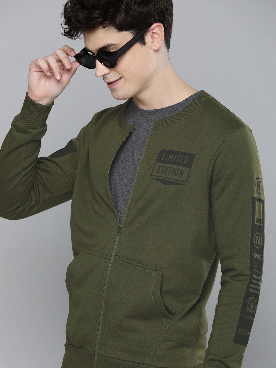 

HERE&NOW Men Olive Green Printed Front-Open Sweatshirt