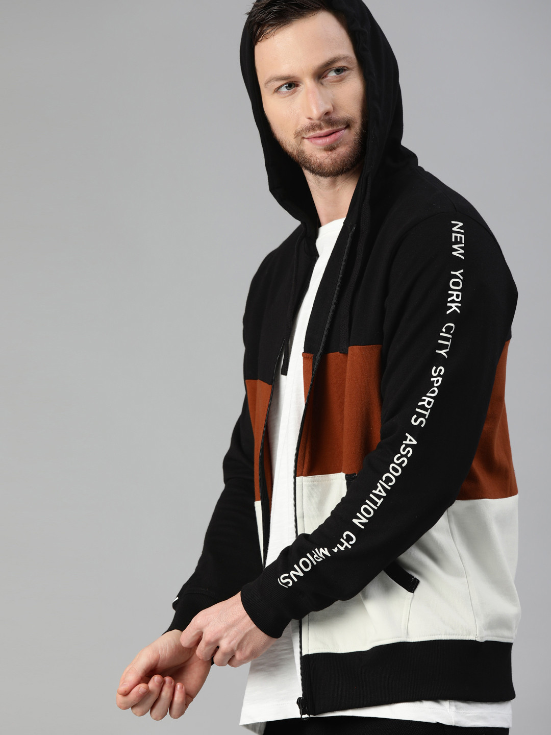 

HERE&NOW Men Black & Brown Colourblocked Hooded Sweatshirt