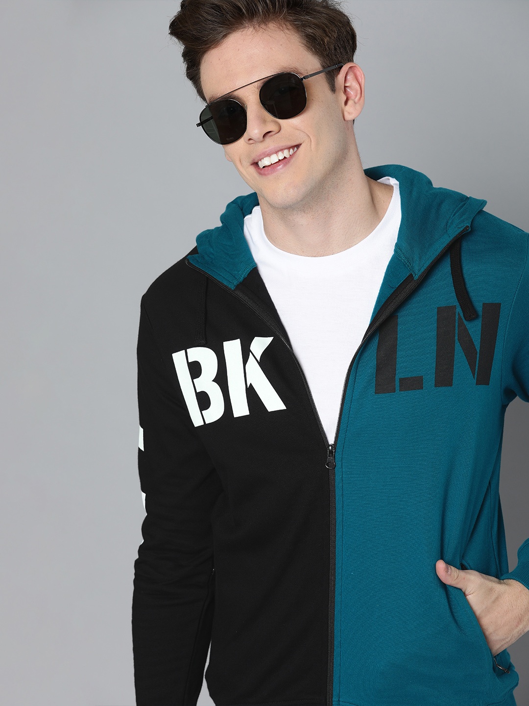 

HERE&NOW Men Teal Blue & Black Printed Hooded Sweatshirt