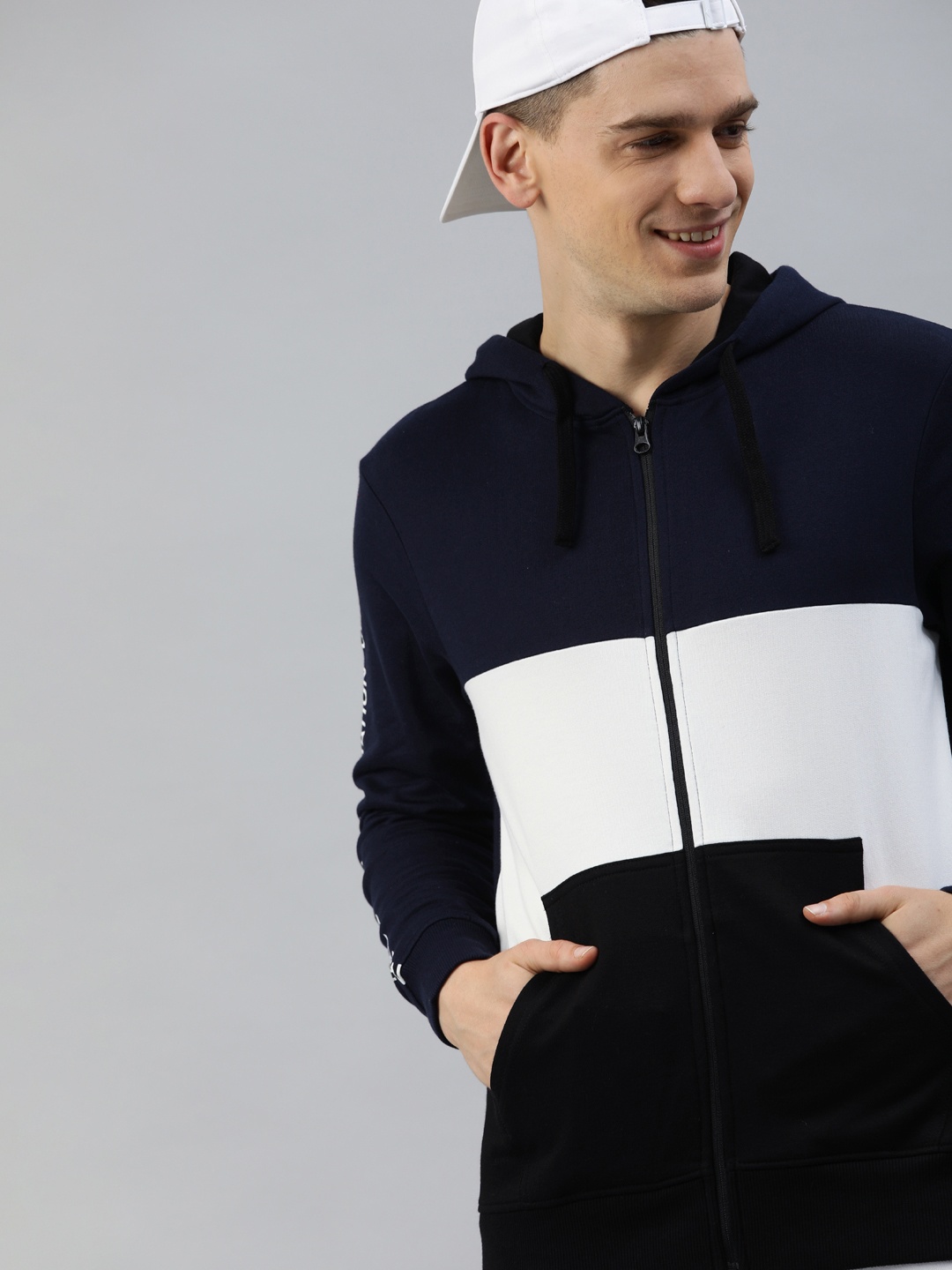 

HERE&NOW Men Navy Blue & White Colourblocked Hooded Sweatshirt