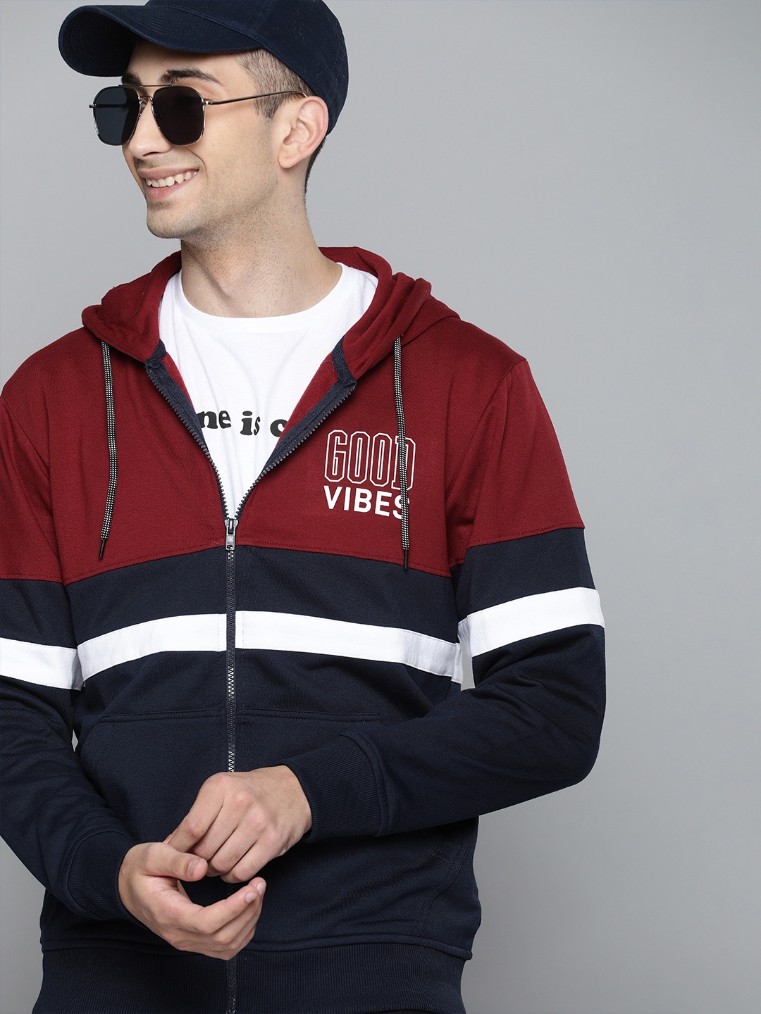 HERE&NOW Men Maroon & Navy Blue Colourblocked Hooded Sweatshirt