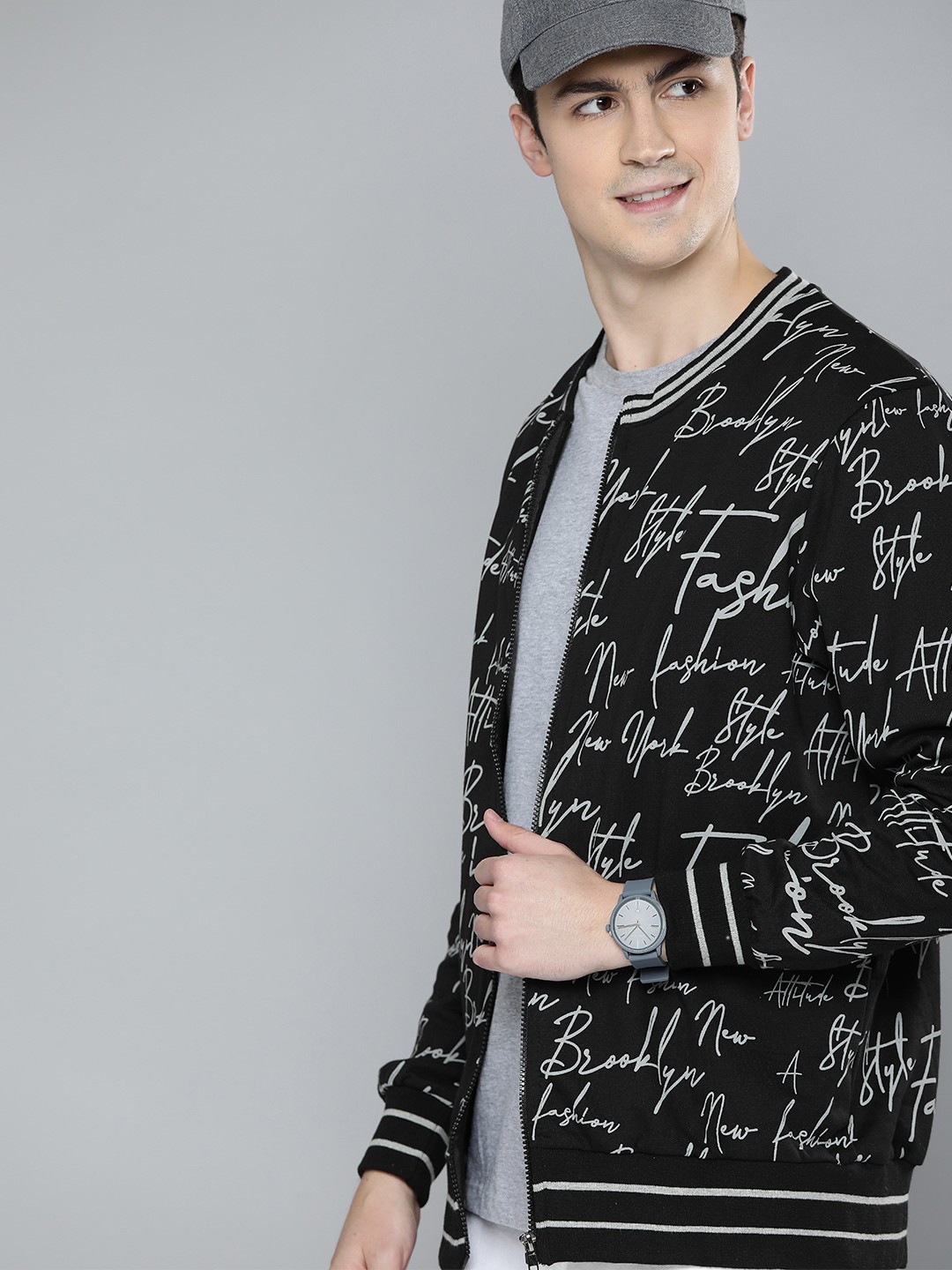 

HERE&NOW Men Black & Off-White Printed Front-Open Sweatshirt
