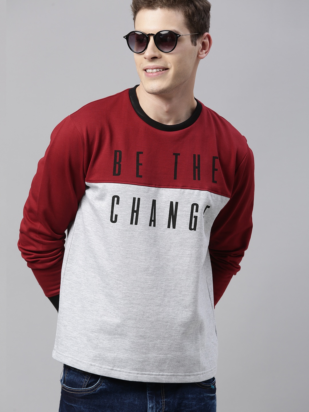 

HERE&NOW Men Red & Grey Colourblocked Sweatshirt
