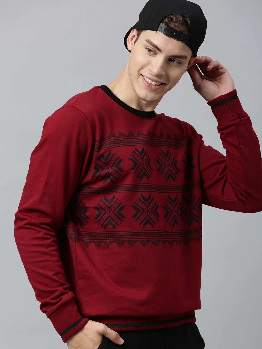 

HERE&NOW Men Maroon & Black Printed Sweatshirt