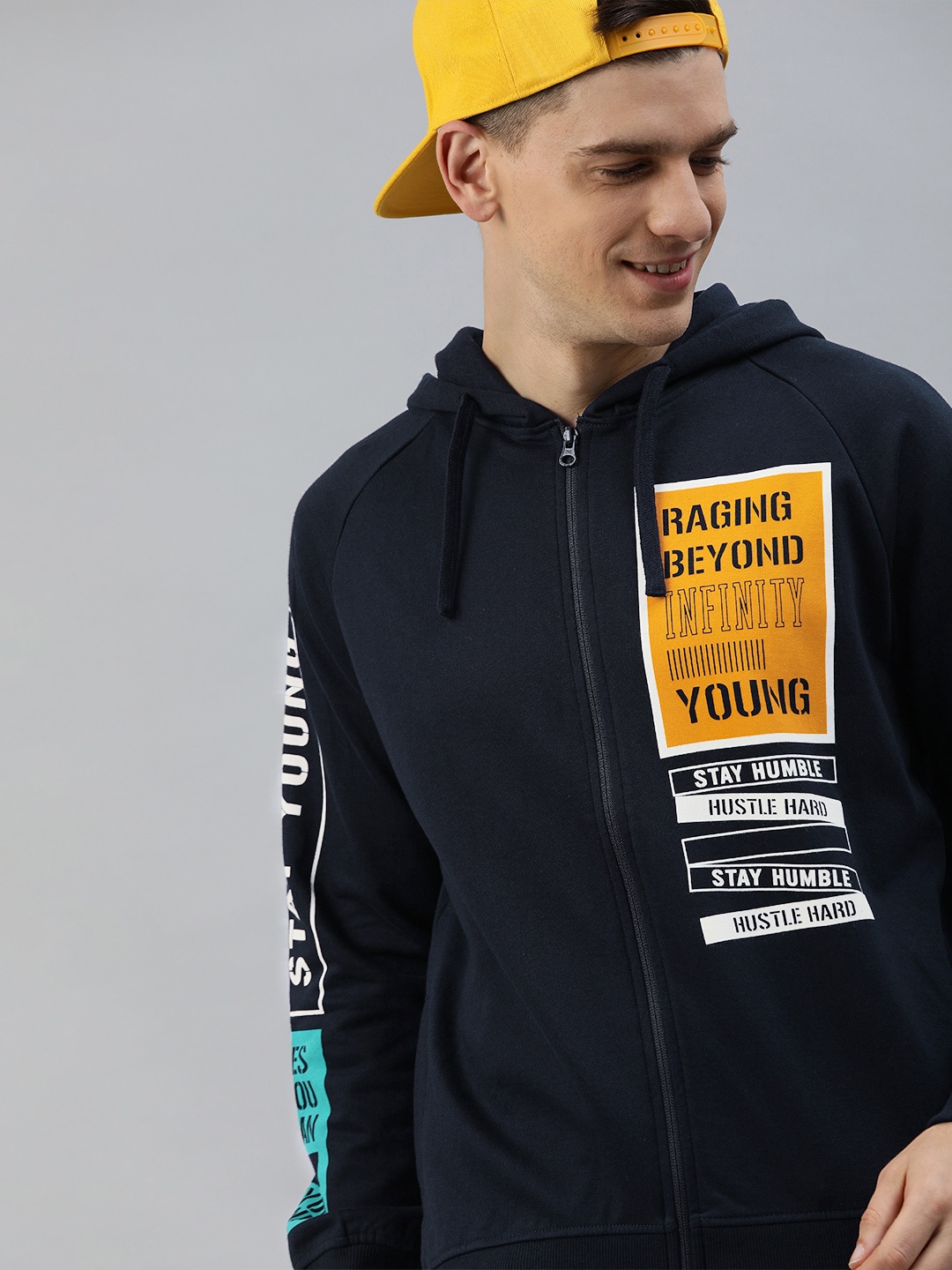 

HERE&NOW Men Navy Blue Printed Hooded Sweatshirt