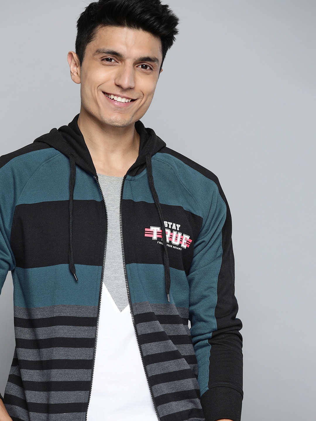 

HERE&NOW Men Teal Blue & Black Striped Hooded Sweatshirt