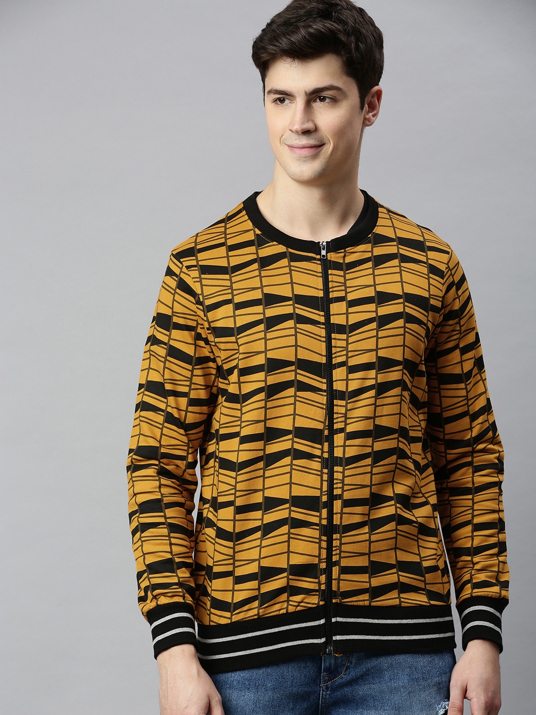 

HERE&NOW Men Mustard Yellow & Black Printed Sweatshirt