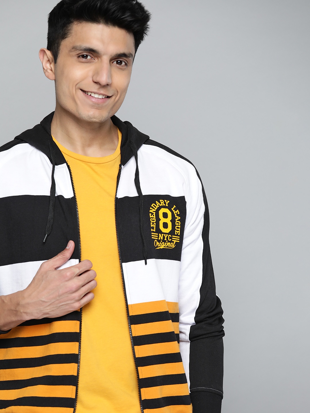 

HERE&NOW Men Yellow & Black Striped Hooded Sweatshirt