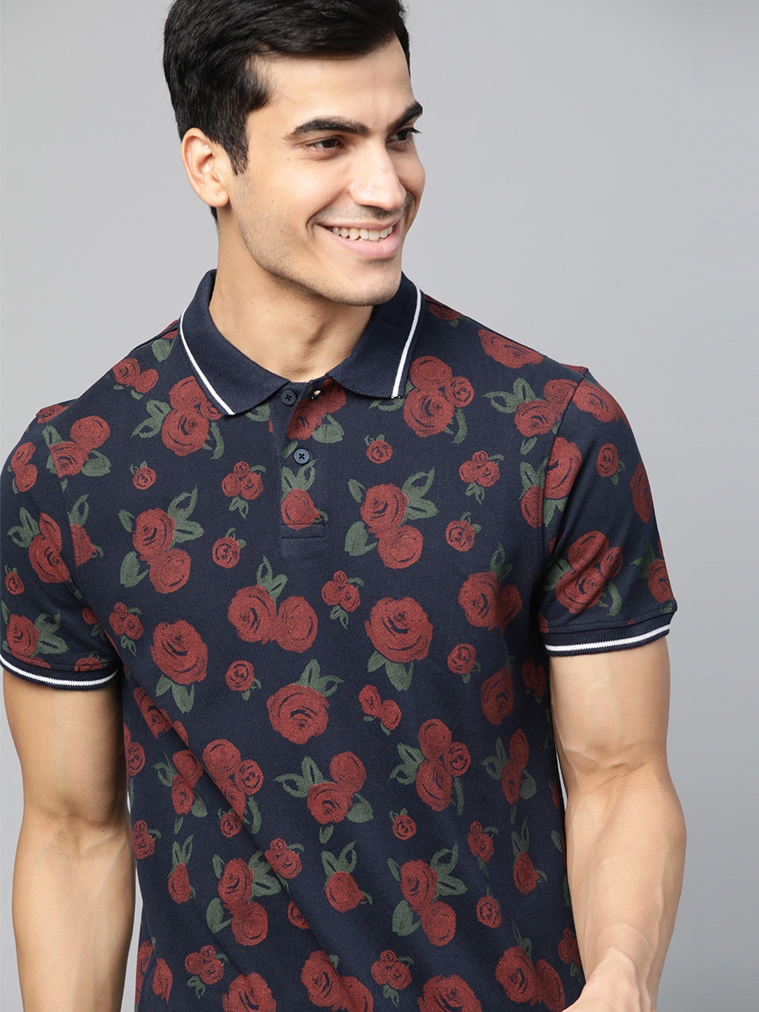 

Mast & Harbour Men Navy Blue & Maroon Floral Print Polo Collar T-shirt