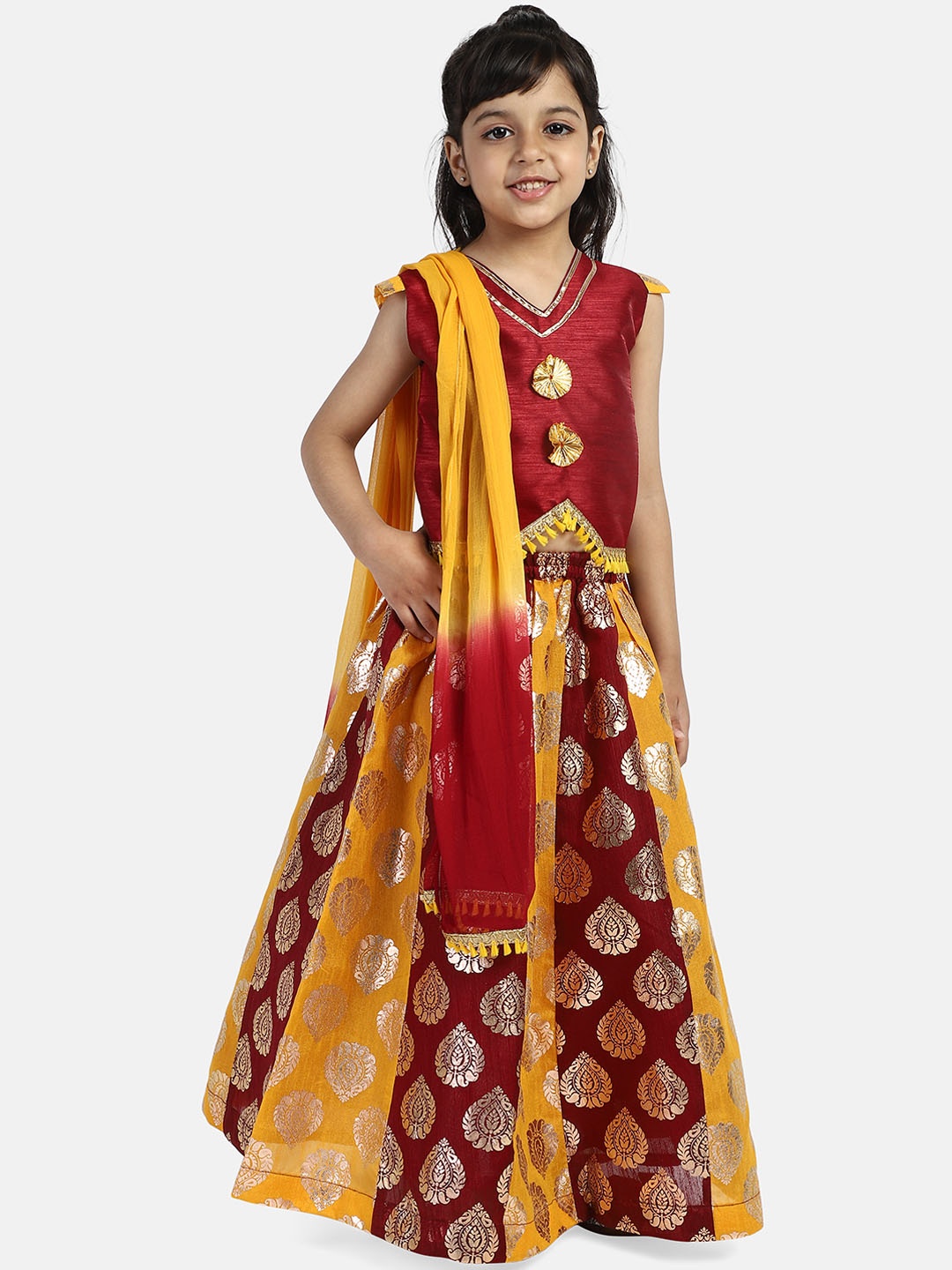 

BownBee Girls Brown & Yellow Ready to Wear Lehenga & Blouse with Dupatta