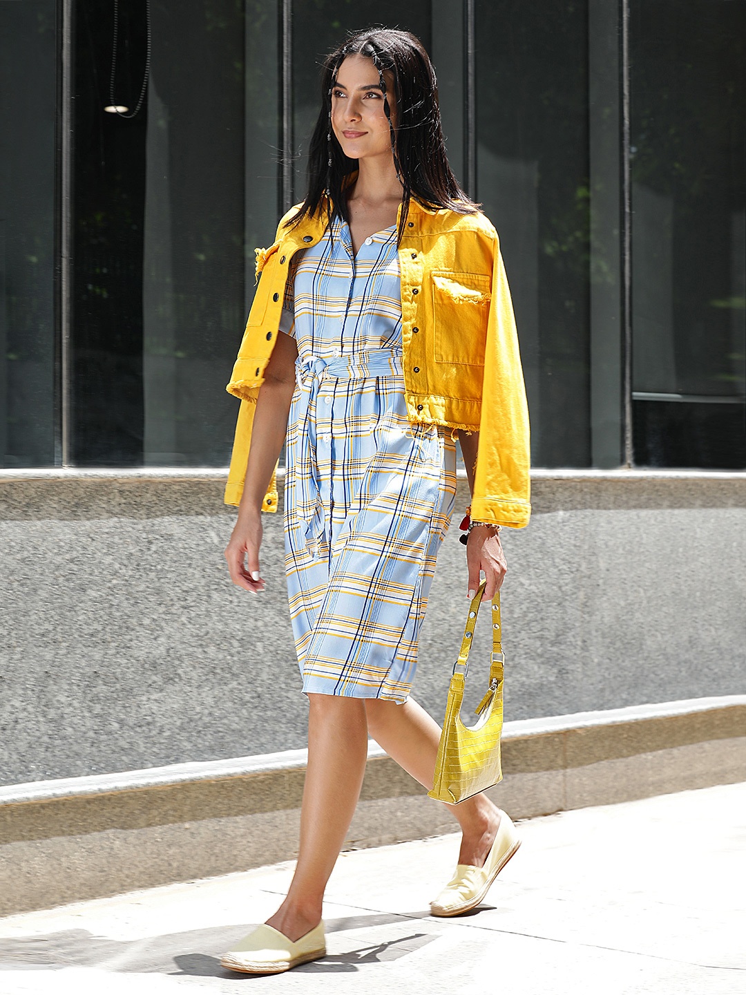 

Tokyo Talkies Women Blue & White Checked Fit and Flare Dress