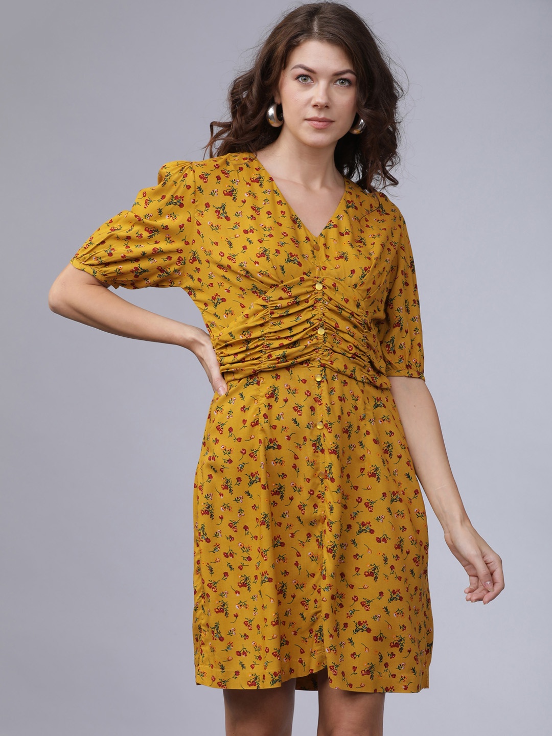 

Tokyo Talkies Women Mustard Yellow Printed Fit and Flare Dress