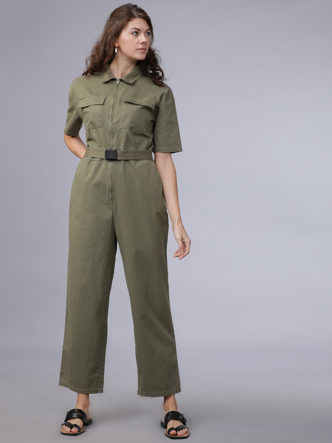 

Tokyo Talkies Women Olive Green Solid Basic Jumpsuit