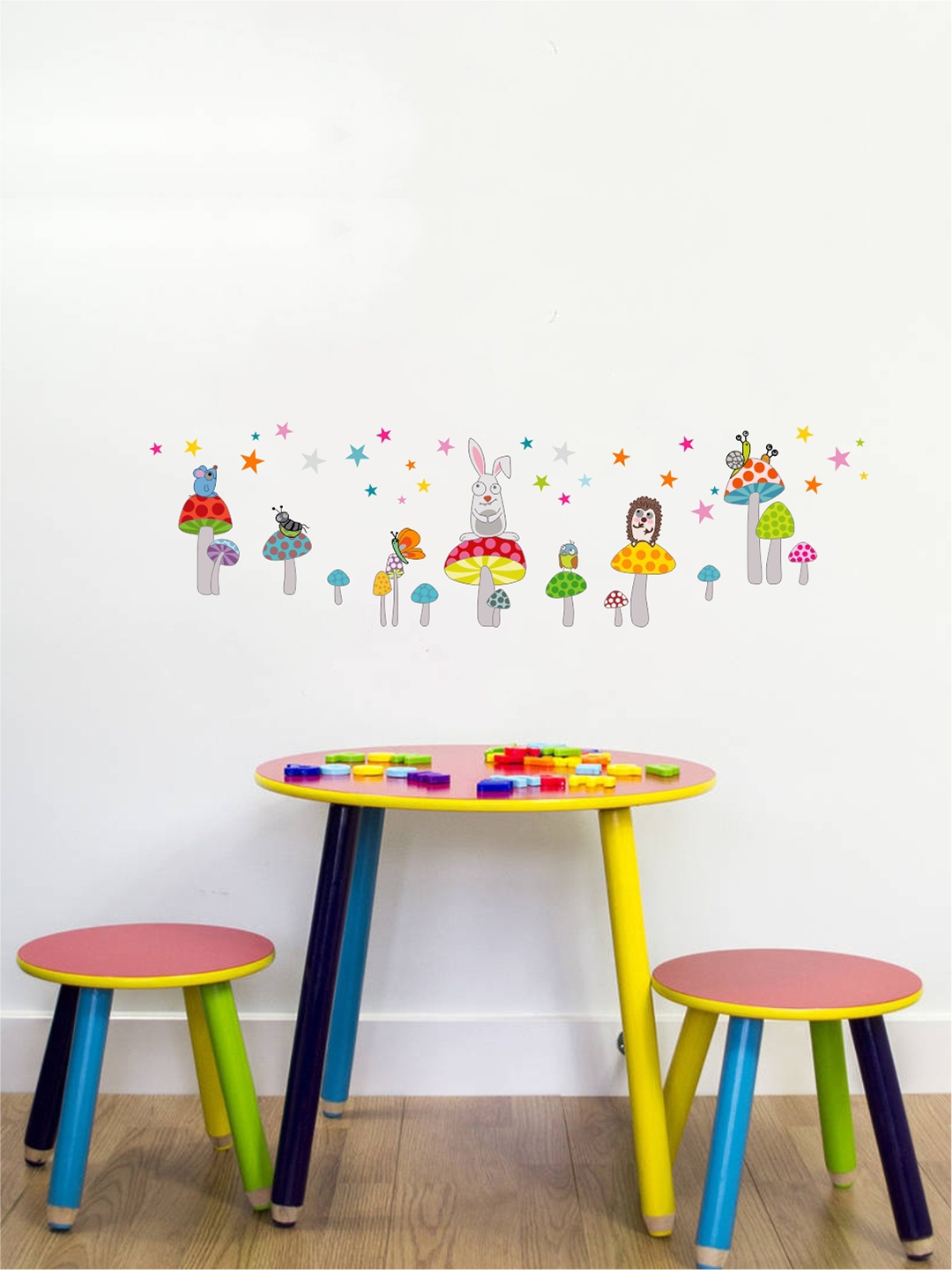 

rawpockets Multicoloured Animals With Mushrooms PVC Vinyl Wall Stickers, Multi
