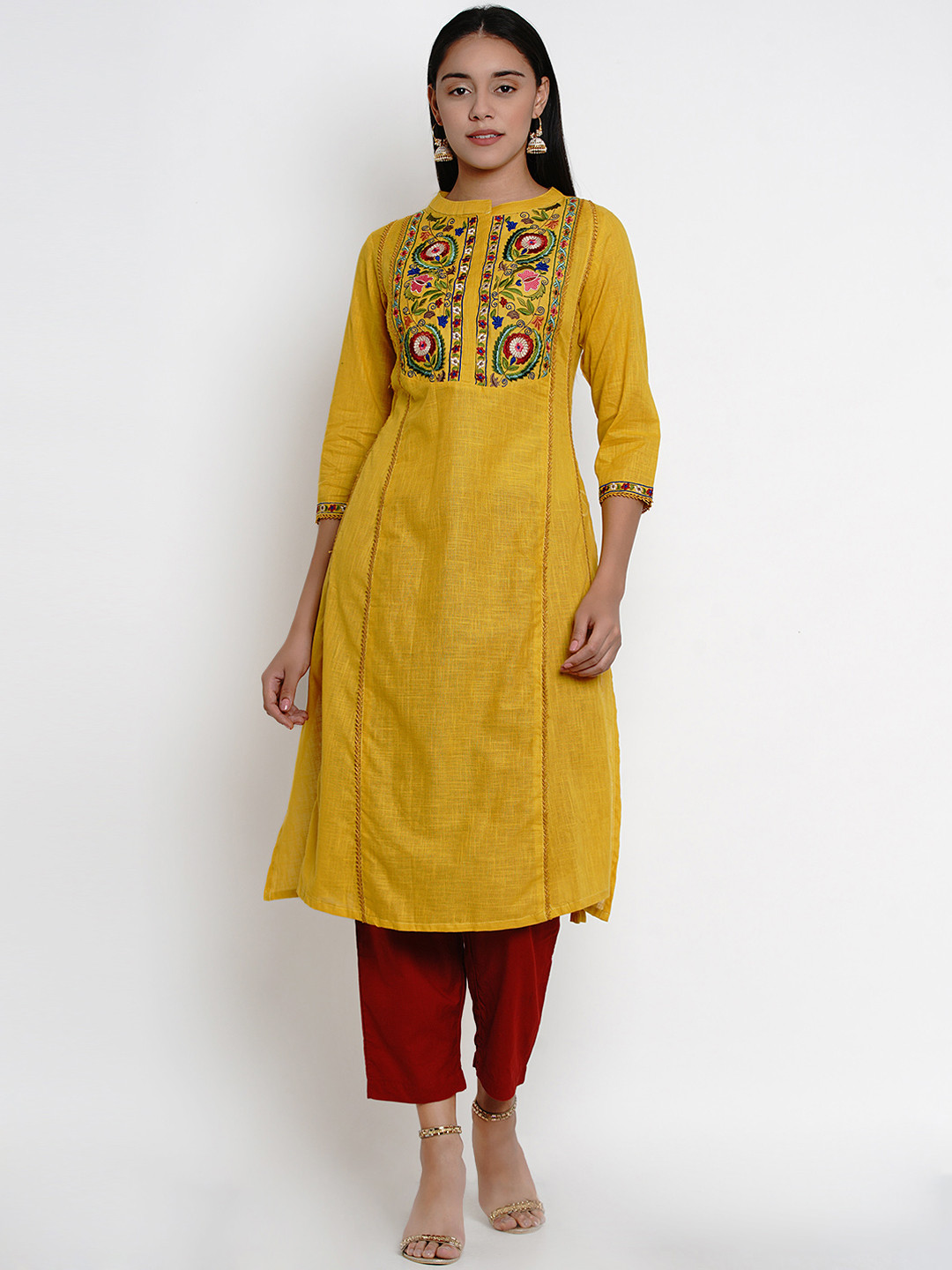 

Bhama Couture Women Mustard Yellow & Maroon Embroidered Kurta with Palazzos
