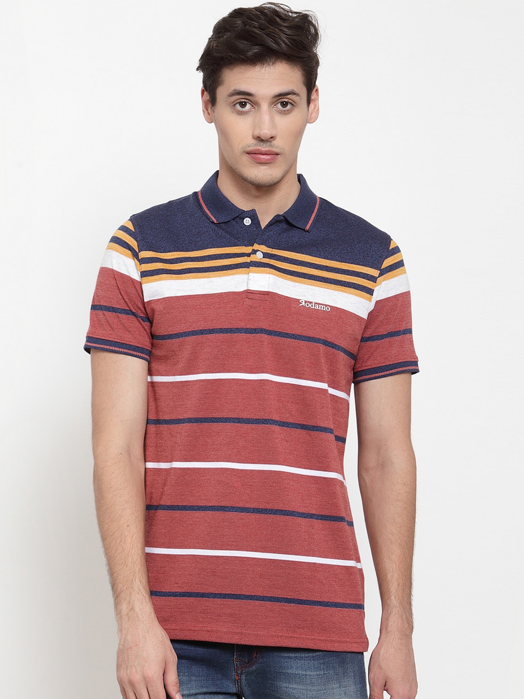 

Rodamo Men Rust Red Striped Polo Collar T-shirt