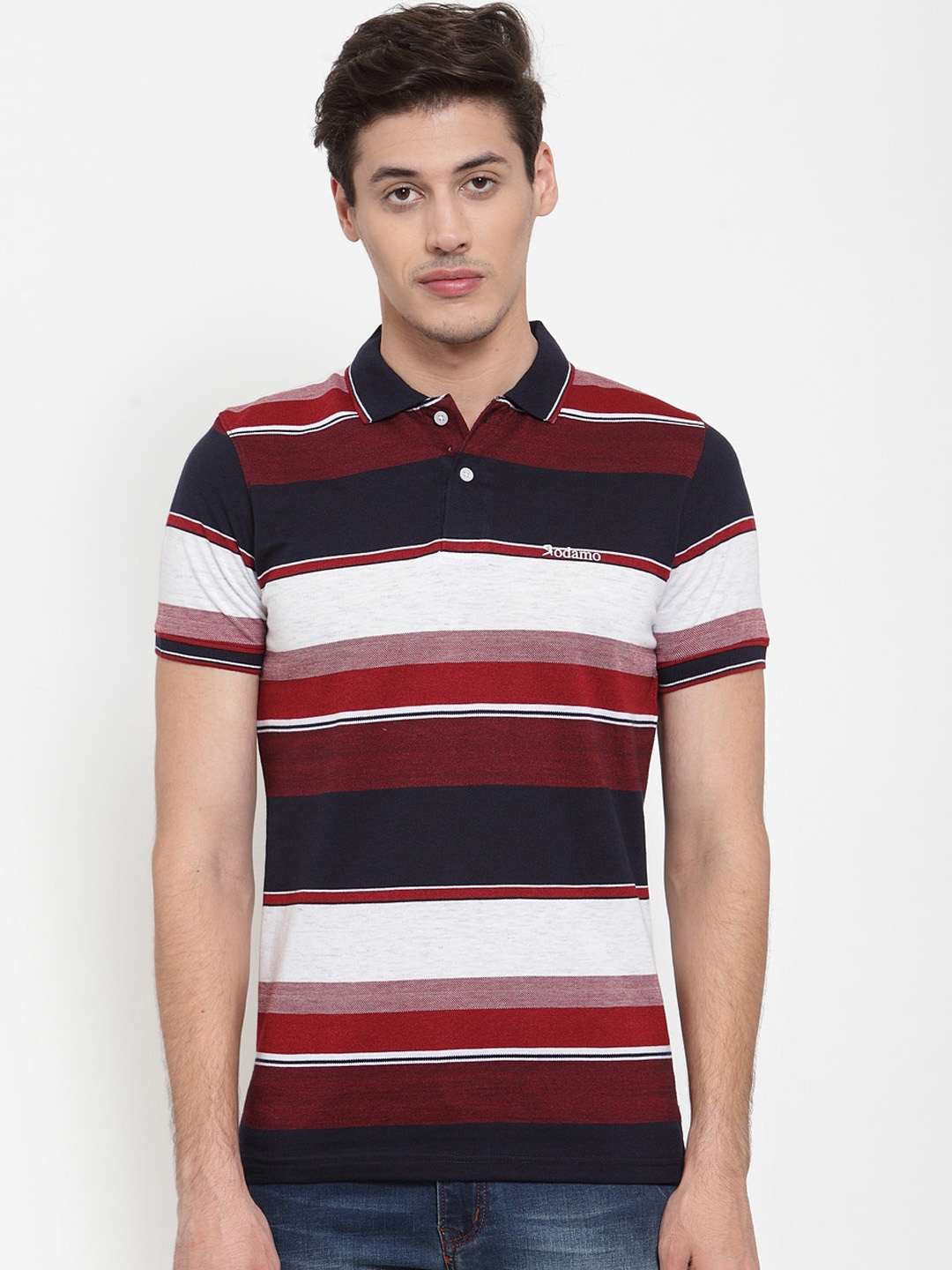 

Rodamo Men Maroon & Navy Blue Striped Polo Collar T-shirt