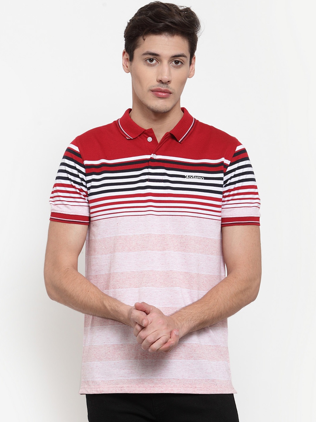 

Rodamo Men Red & Pink Striped Polo Collar T-shirt