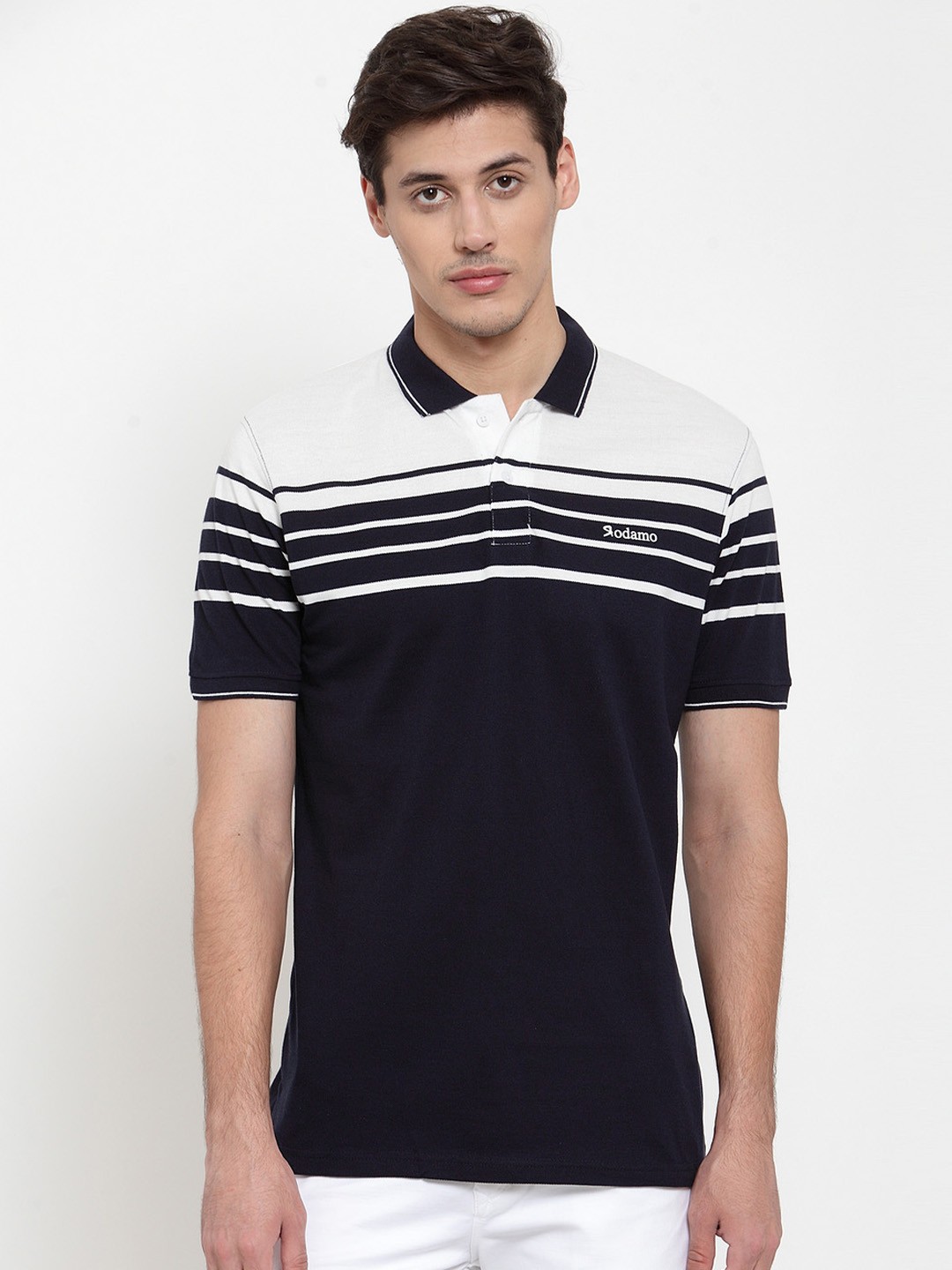 

Rodamo Men Navy Blue Striped Polo Collar T-shirt