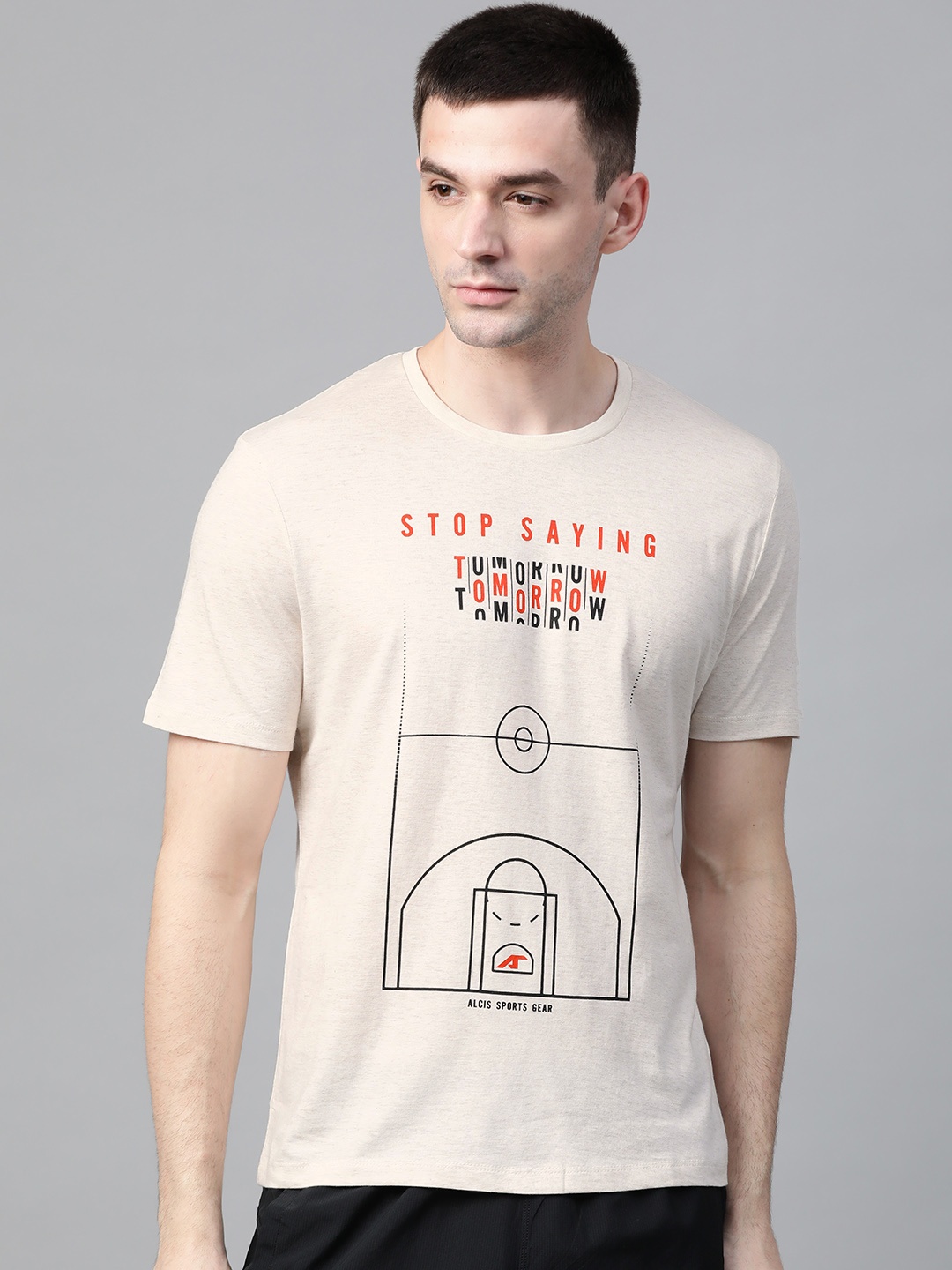 

Alcis Men Off-White & Black Printed Round Neck T-shirt