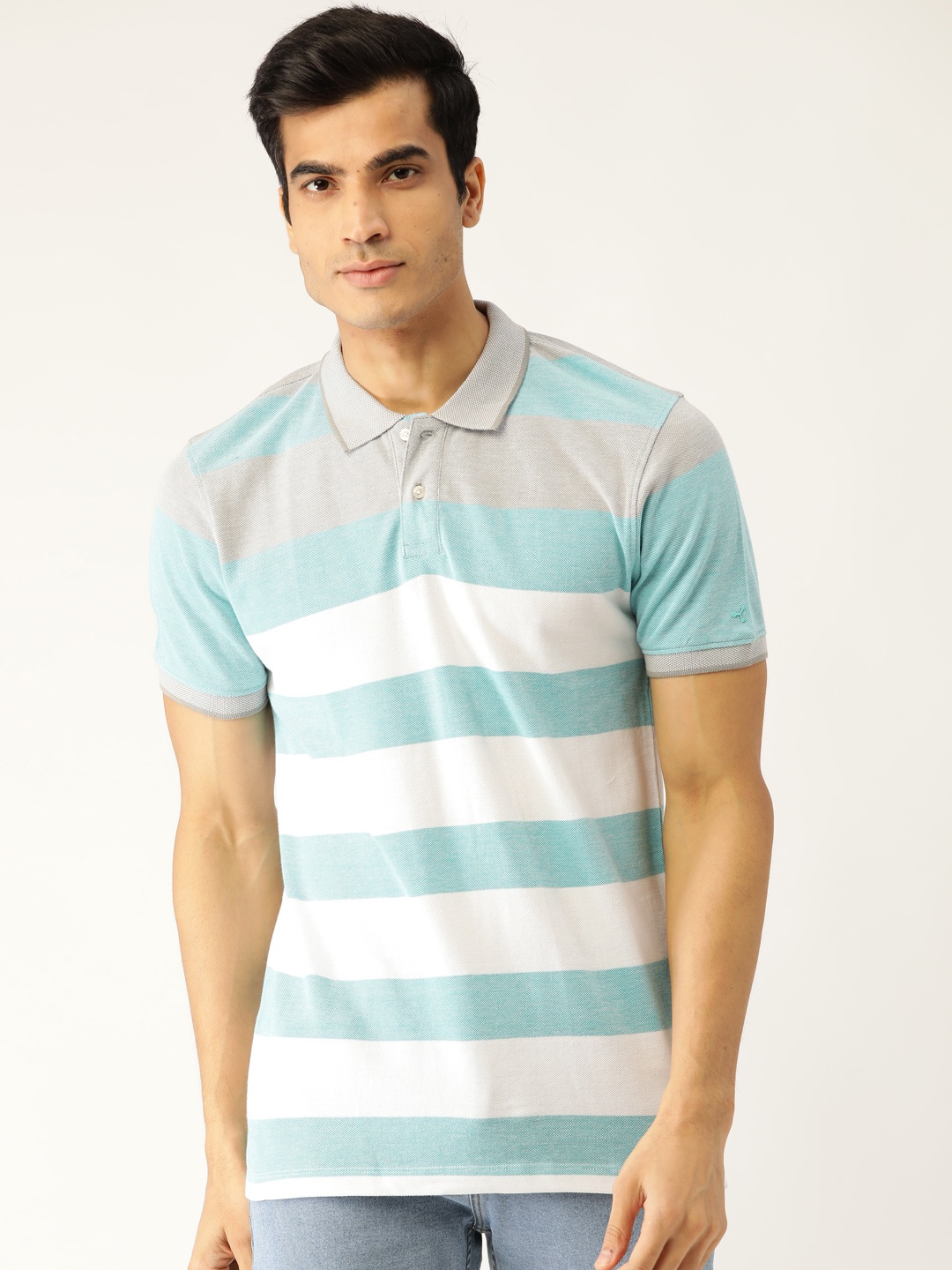 

ether Men Blue White Striped Polo Collar Pure Cotton T-shirt
