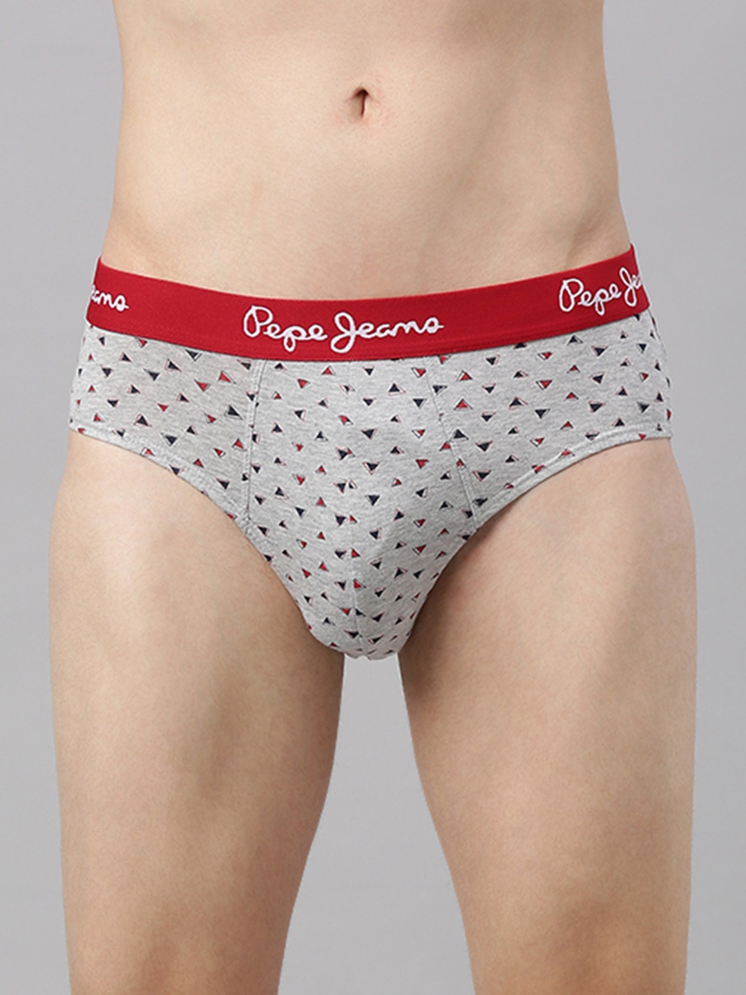 

Pepe Jeans Men Grey Melange & Red Printed Basic Briefs 8904311313106