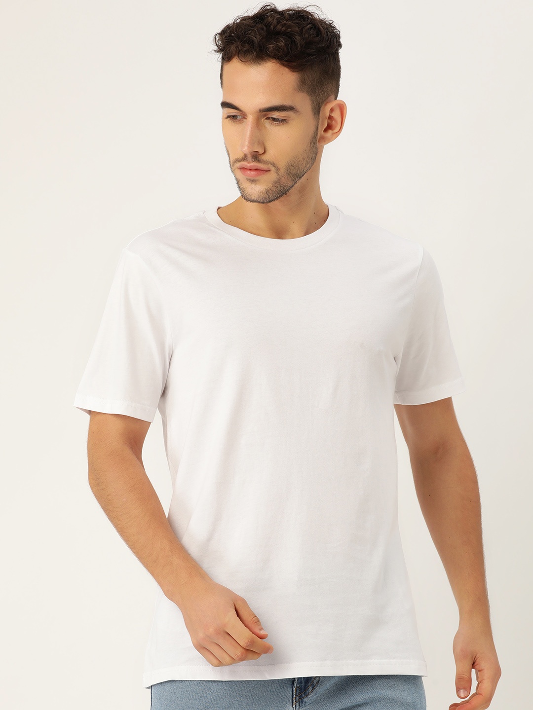 

ether Men White Solid Crew Neck Pure Cotton T-shirt