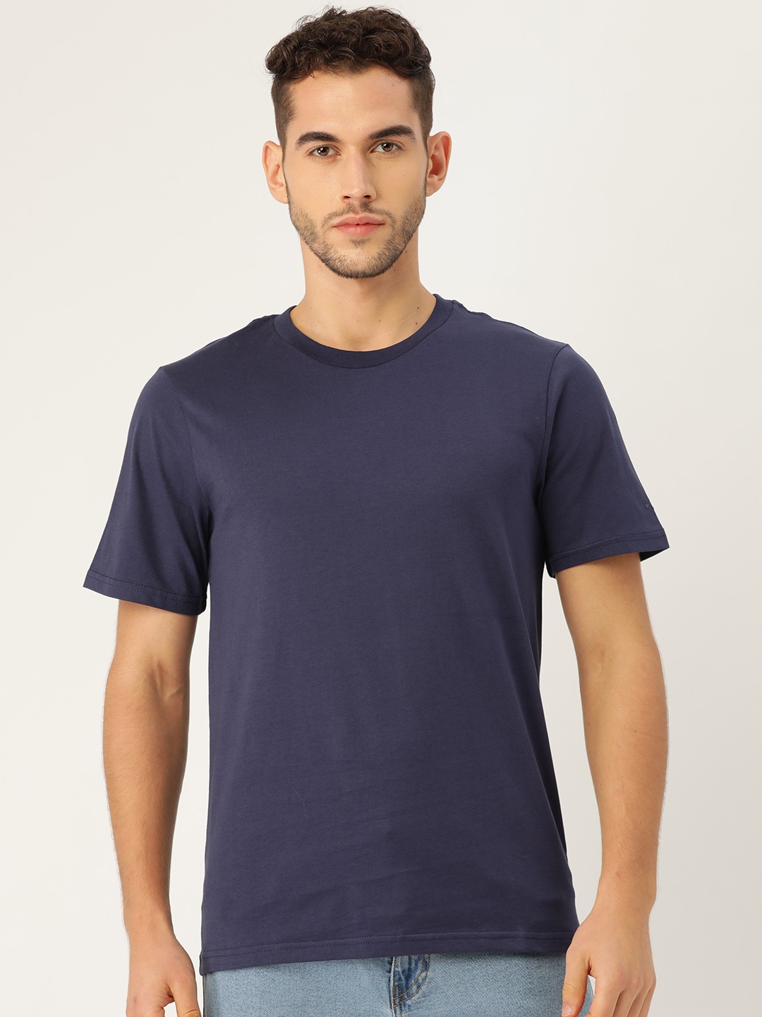 

ether Men Navy Blue Solid Crew Neck Pure Cotton T-shirt