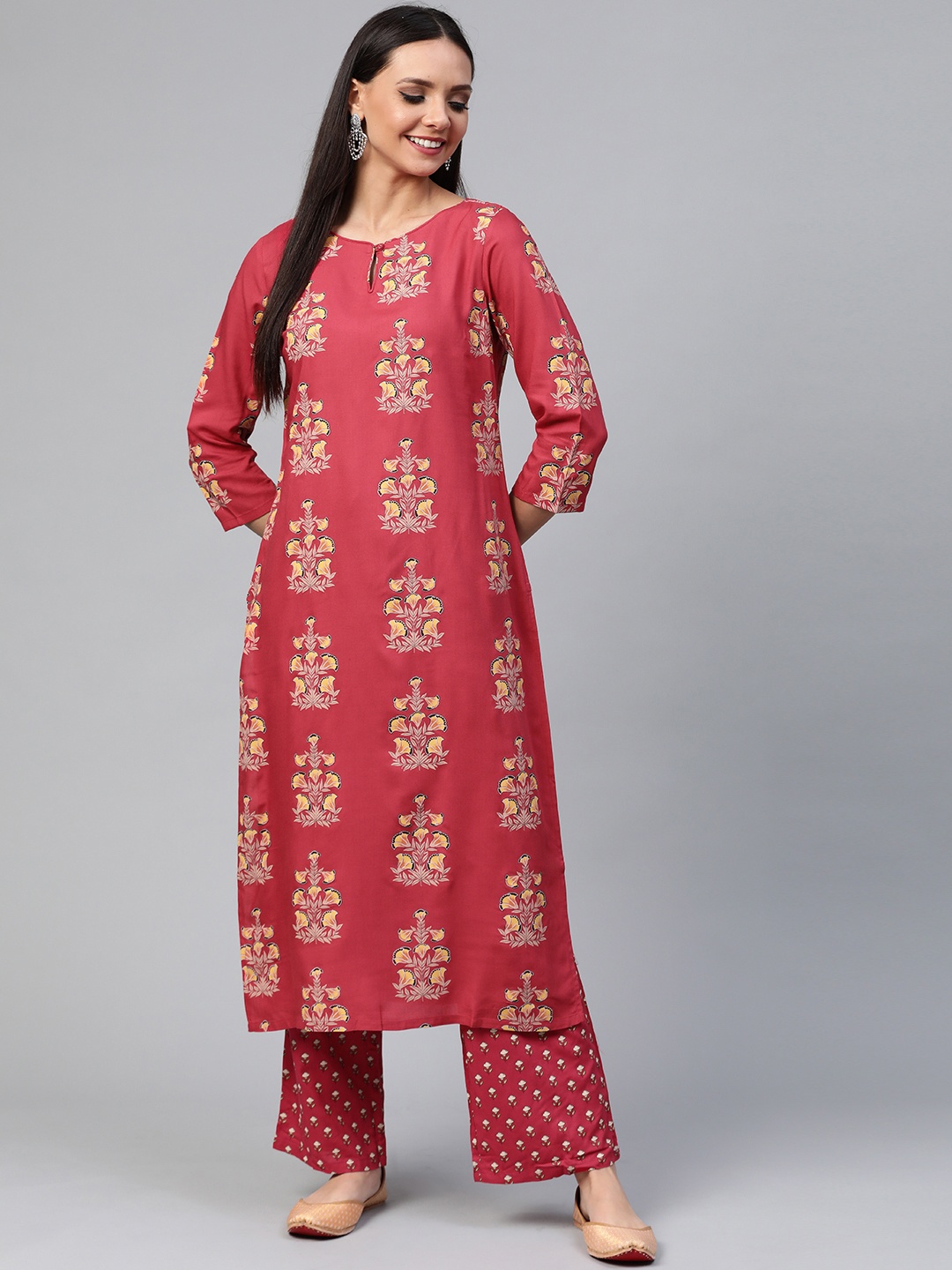 

HERE&NOW Women Red & Yellow Ethnic Print Kurta with Palazzos