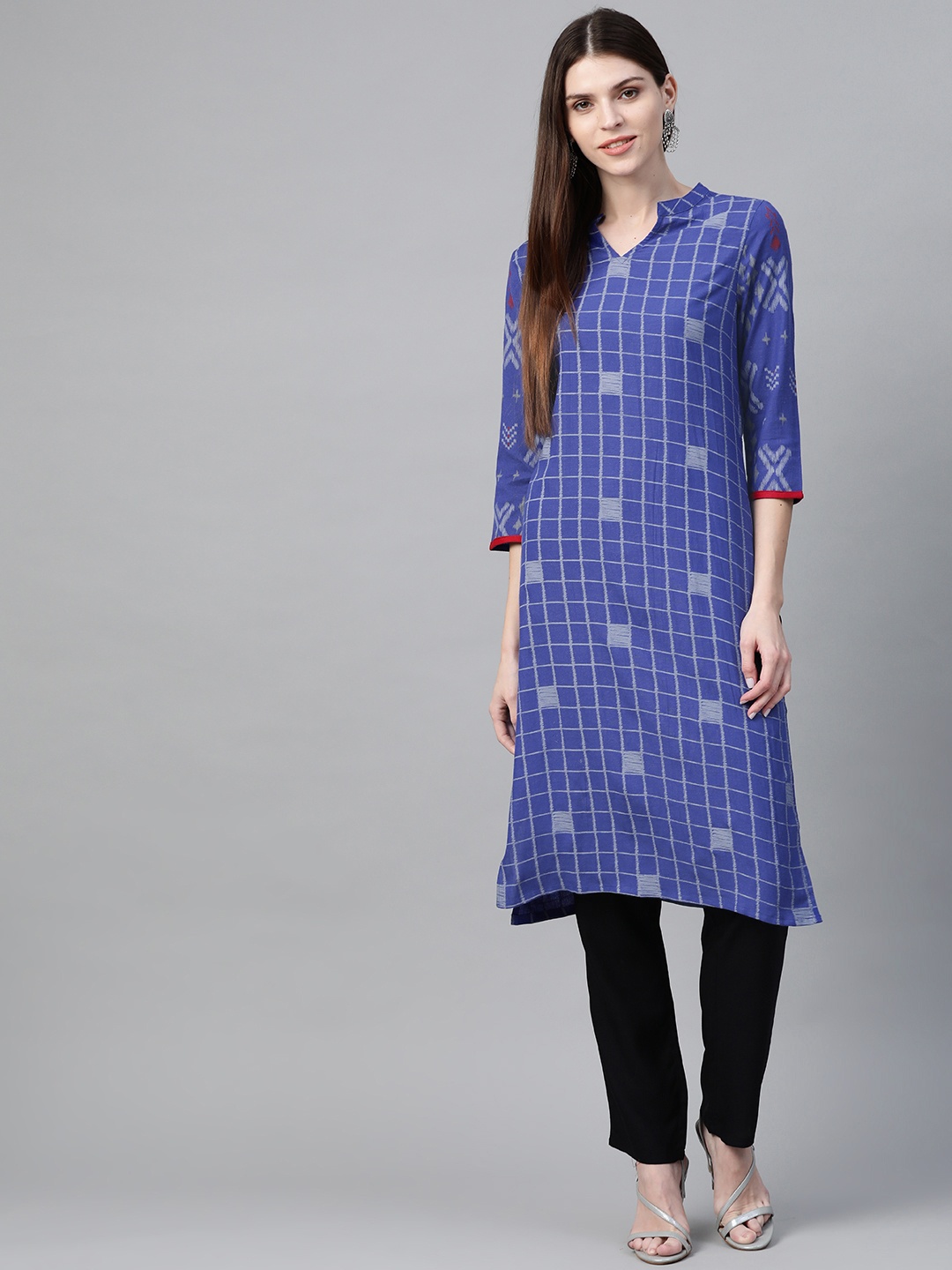 

HERE&NOW Women Blue & Black Checked Kurta with Trousers