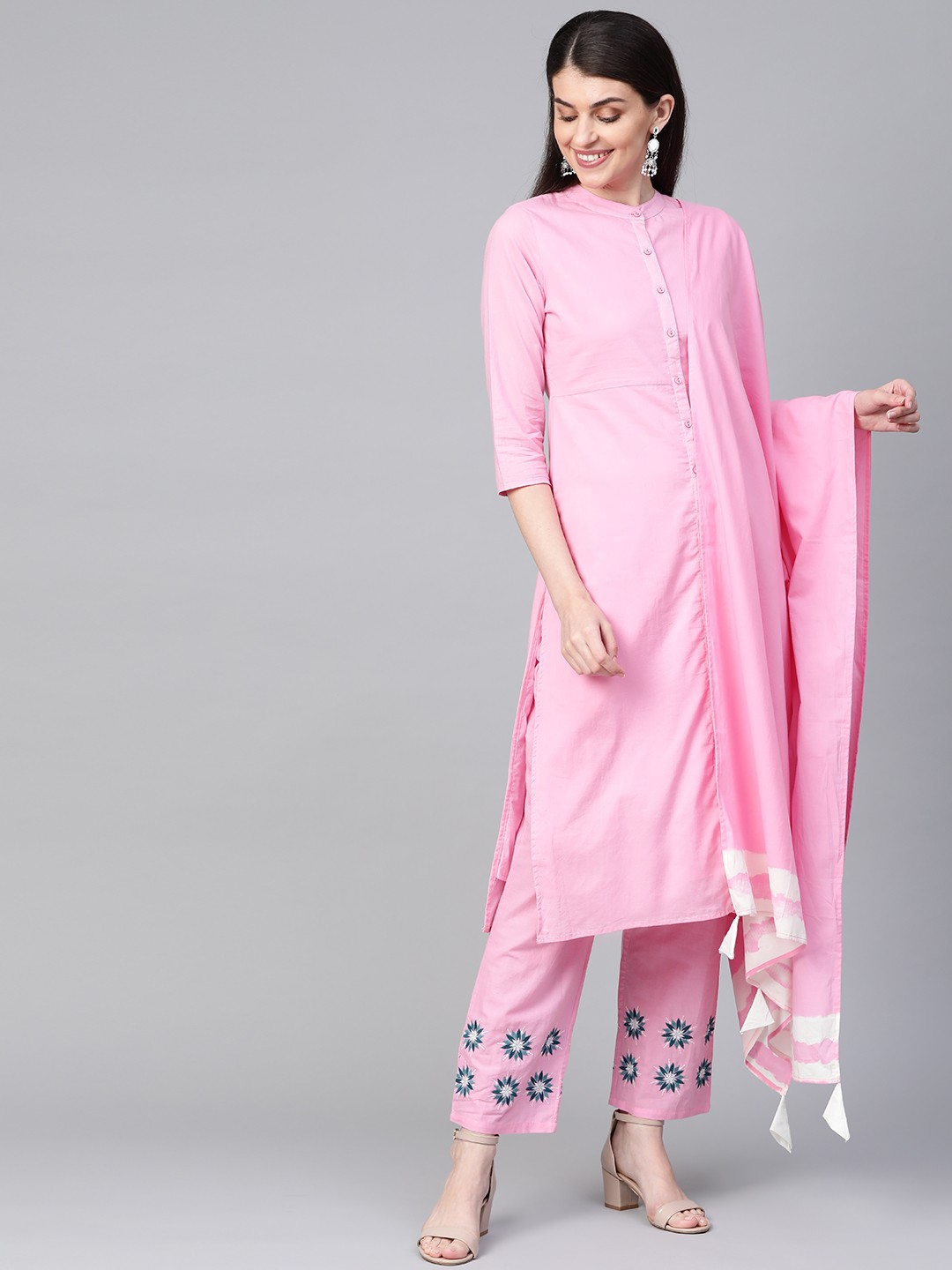 

HERE&NOW Women Pink Solid Kurta with Trousers & Dupatta