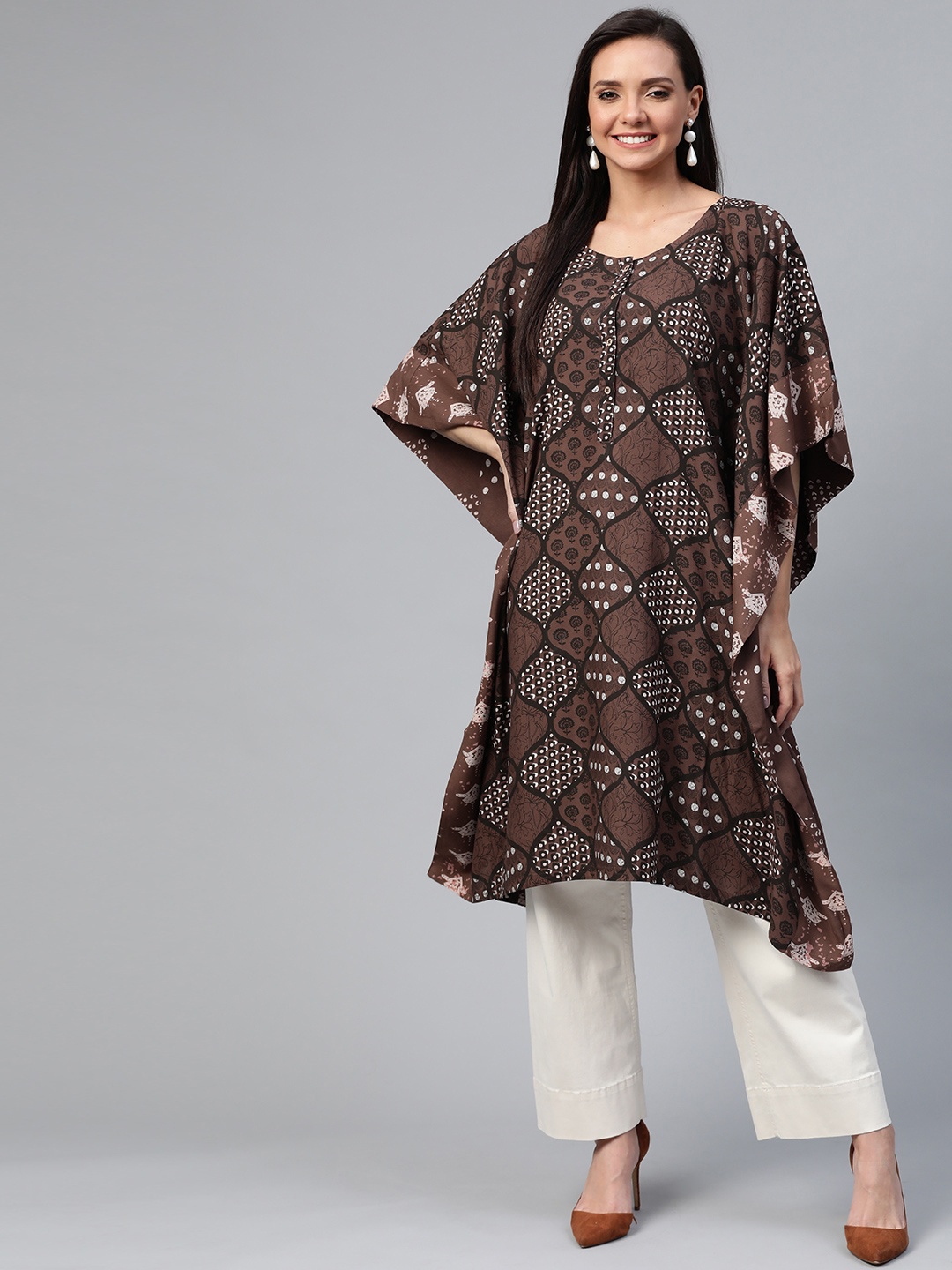 

HERE&NOW Women Coffee Brown & White Asymmetric Printed Kaftan Kurta