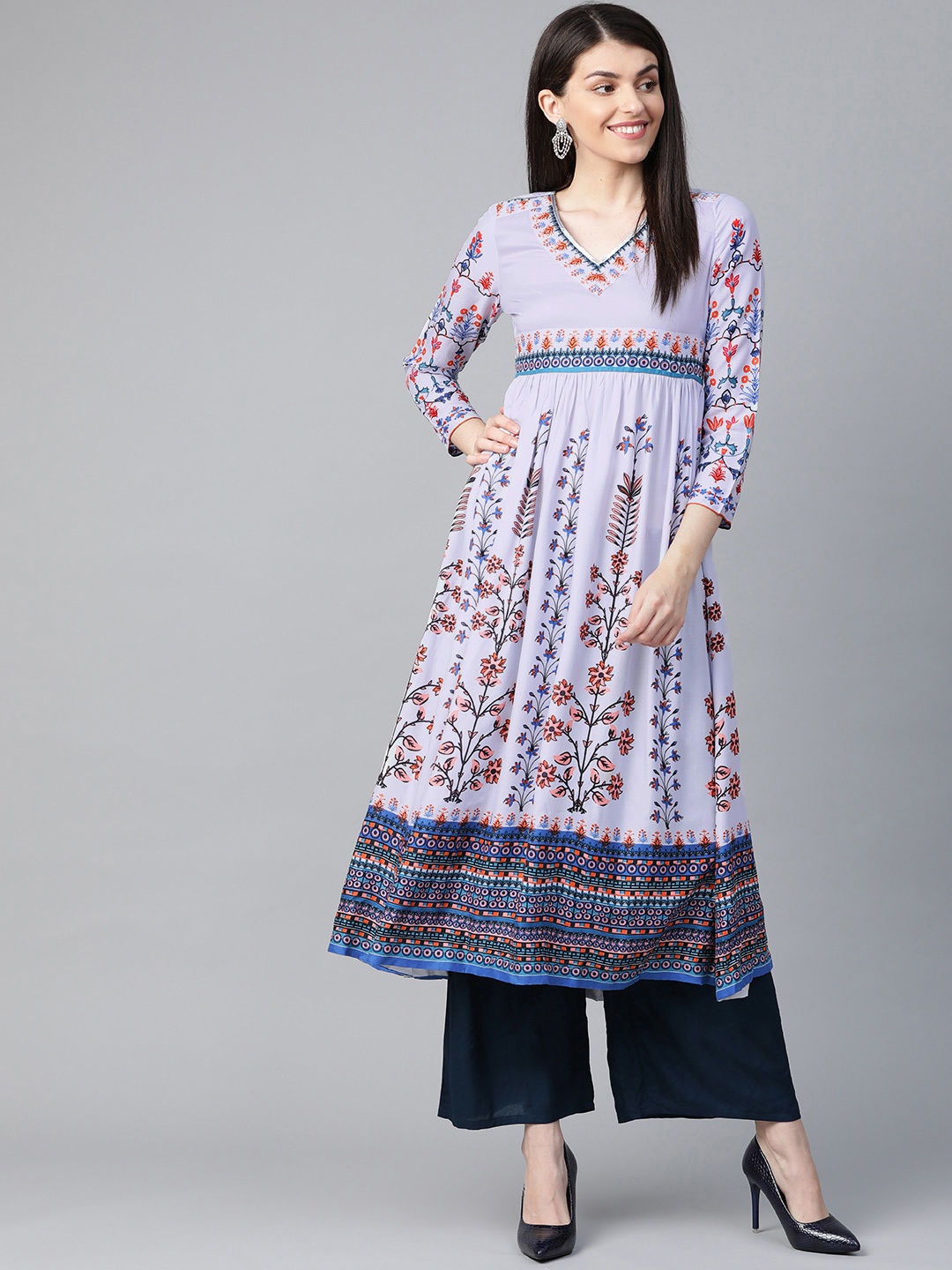 

HERE&NOW Women Lavender & Blue Floral Print A-Line Empire Kurta