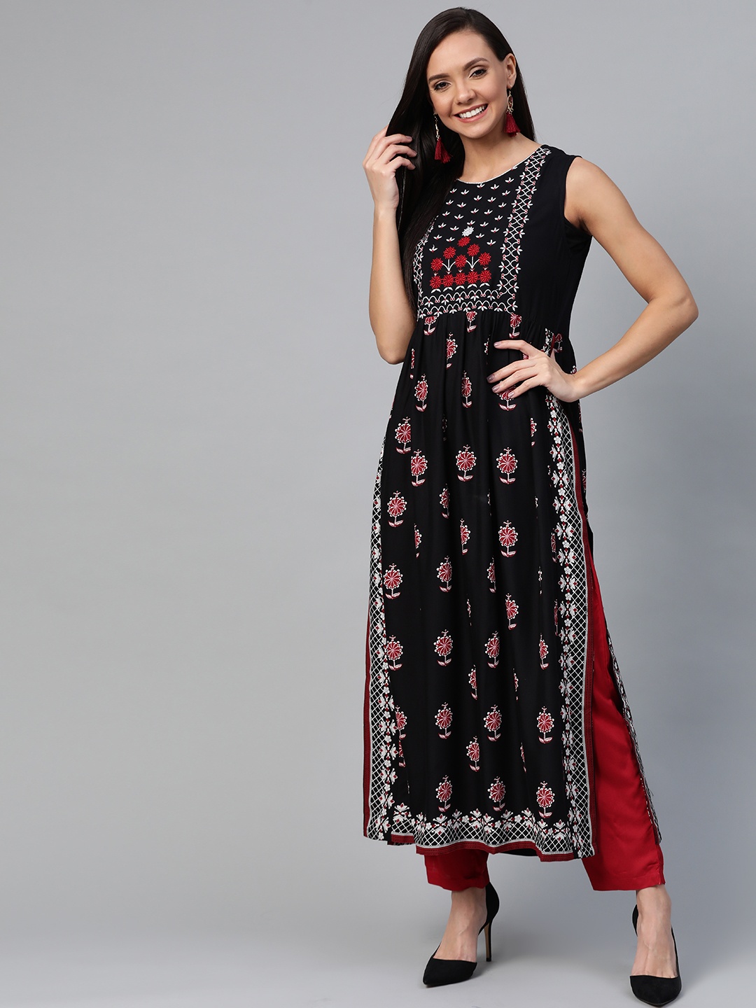 

HERE&NOW Women Black & Red Embroidered Ethnic Printed High Slit A-Line Kurta