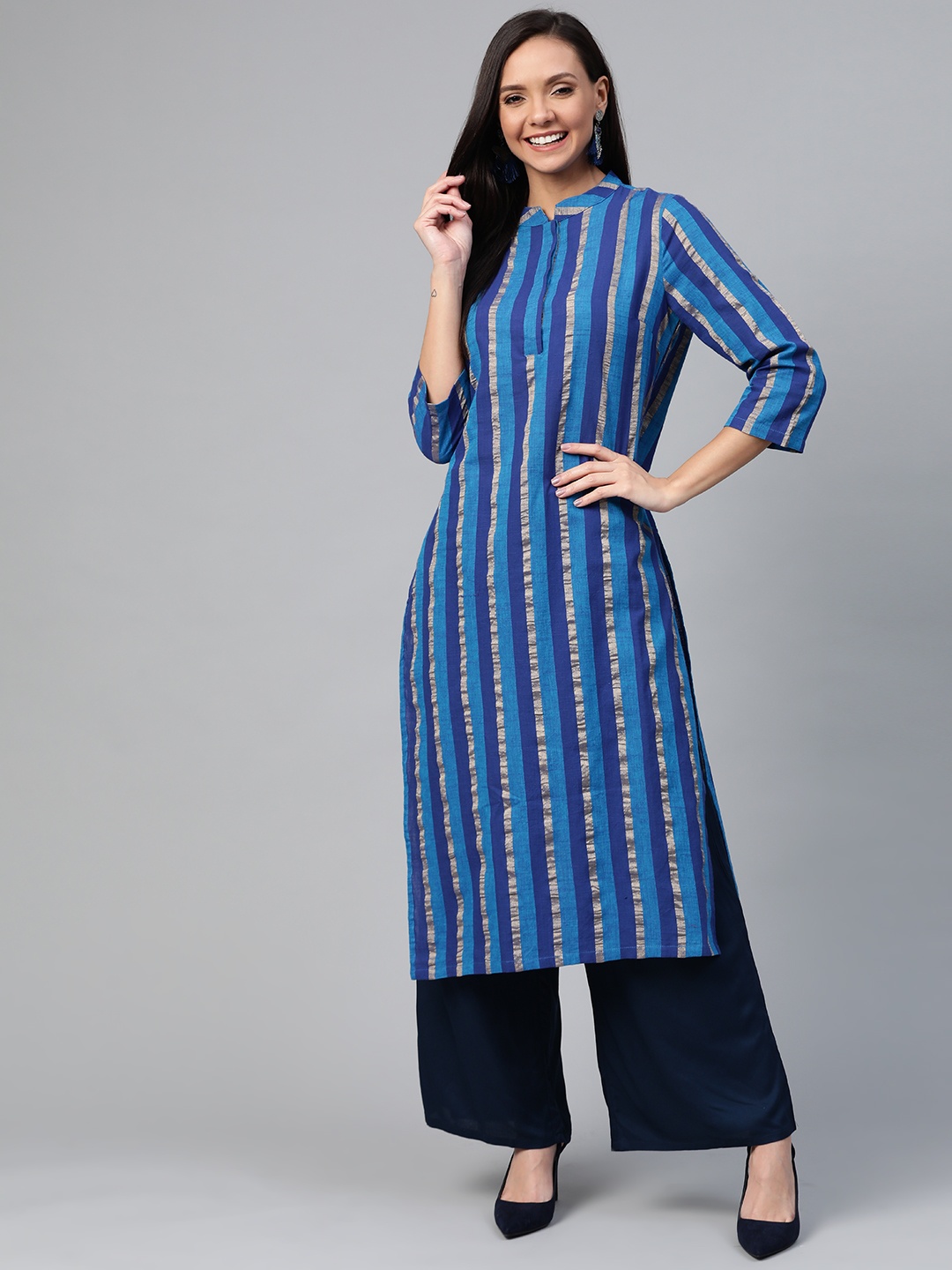 

HERE&NOW Women Blue & Golden Striped Straight Kurta